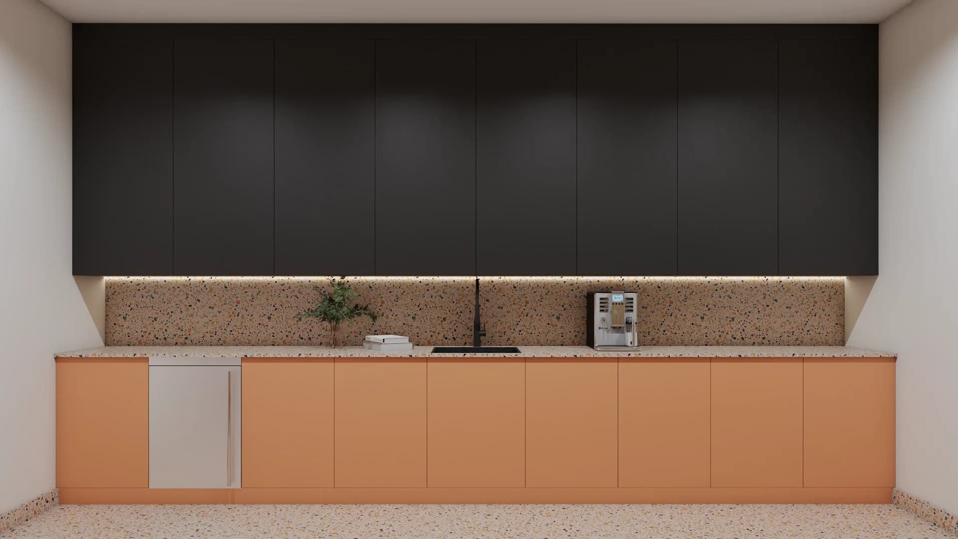 Charcoal upper cabinets and coral lower cabinets with terrazzo backsplash and countertop