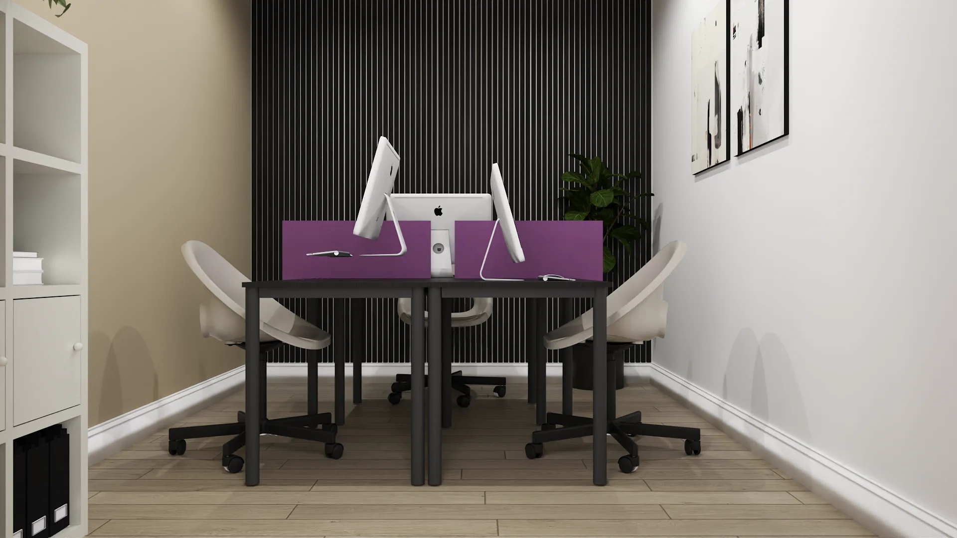 Office pod with black fluted wood wall, purple privacy divider, and dual iMac workstations
