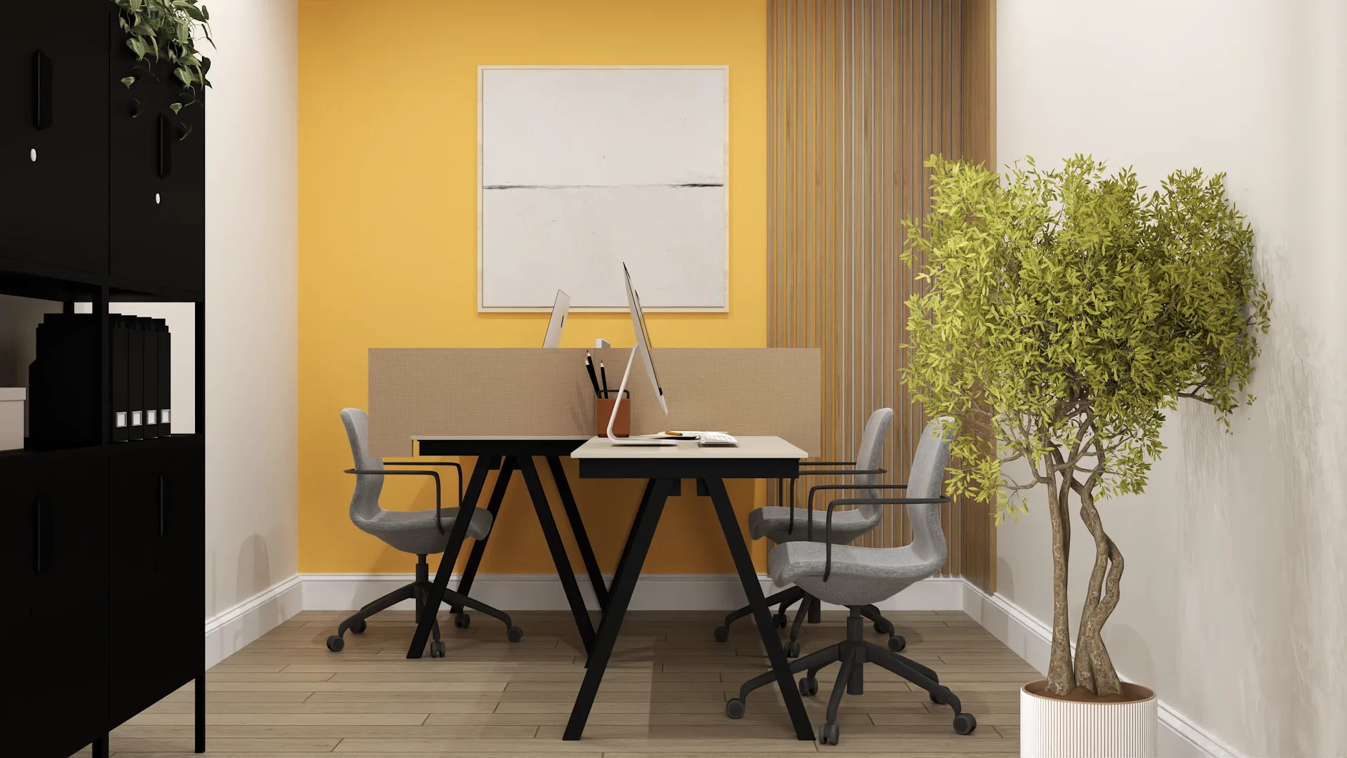 Yellow accent wall office with fluted wood panel, iMac desk, and indoor olive tree