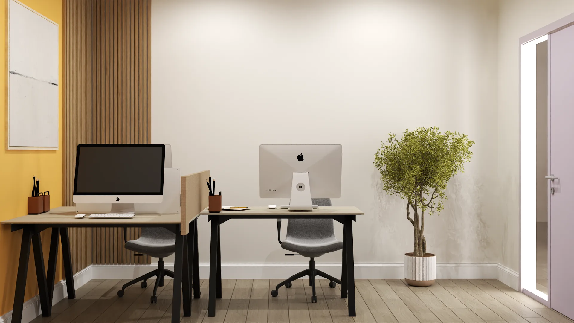 Open office with black shelving wall, dual workstations, and potted indoor tree