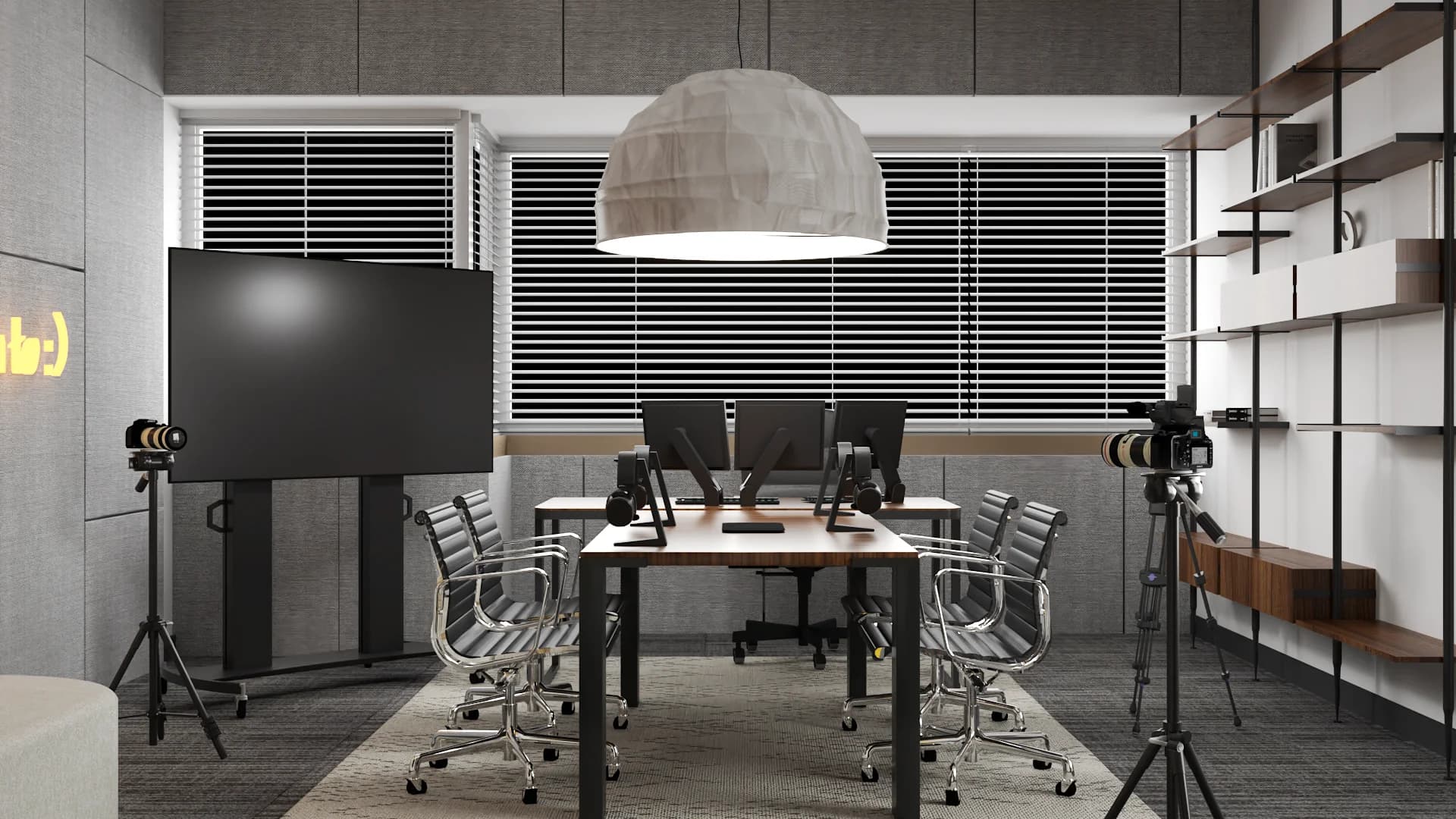 Podcast studio with concrete dome pendant, black blinds, walnut table and mesh chairs