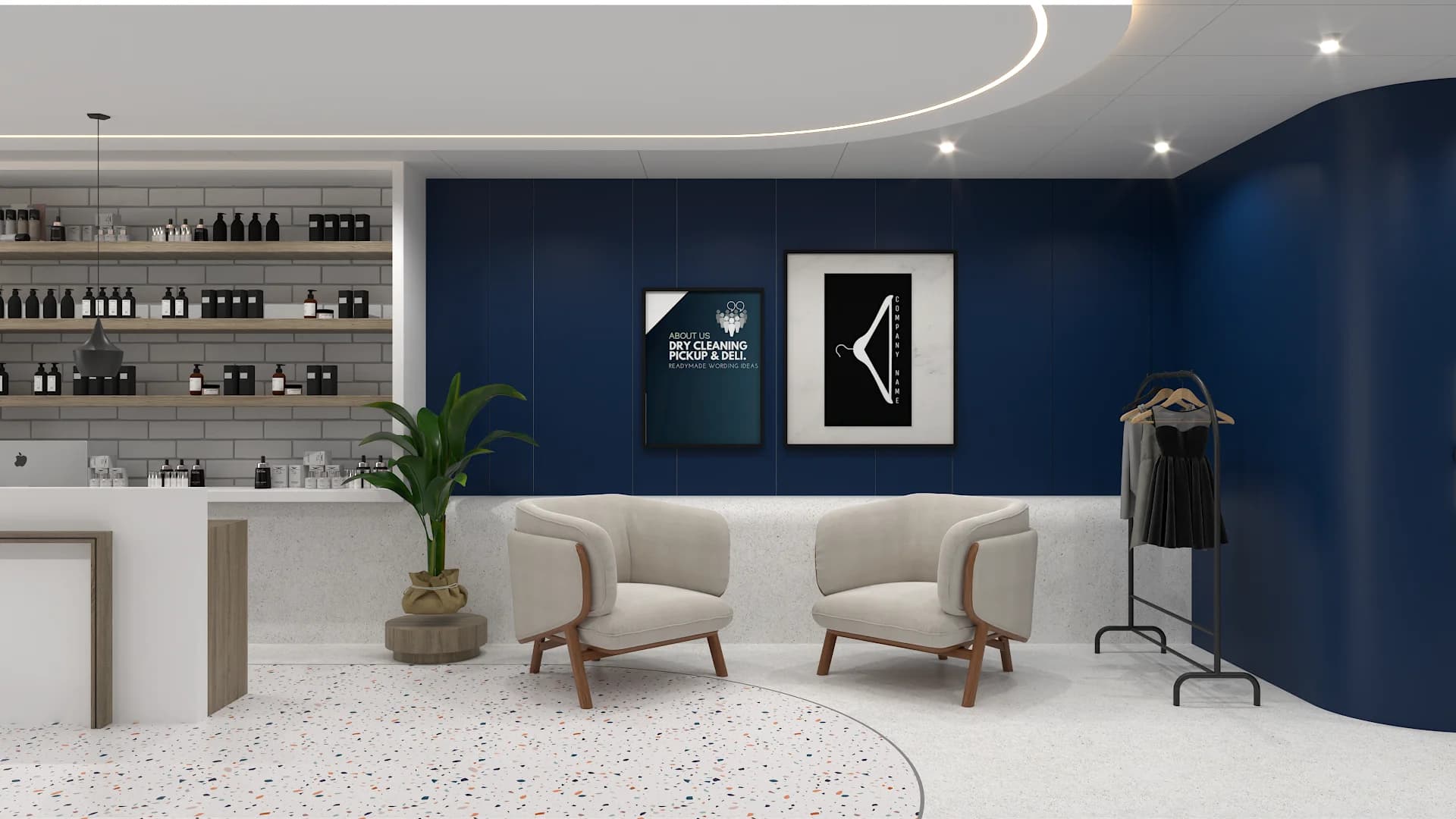Two cream mid-century armchairs on terrazzo floor against deep navy wall with framed fashion art