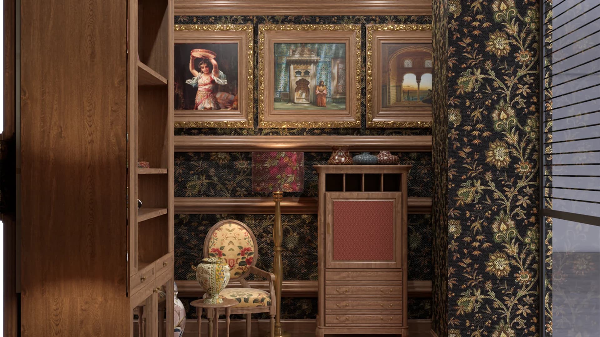 Dark floral wallpaper alcove with gilt-framed oil paintings and rattan cabinet