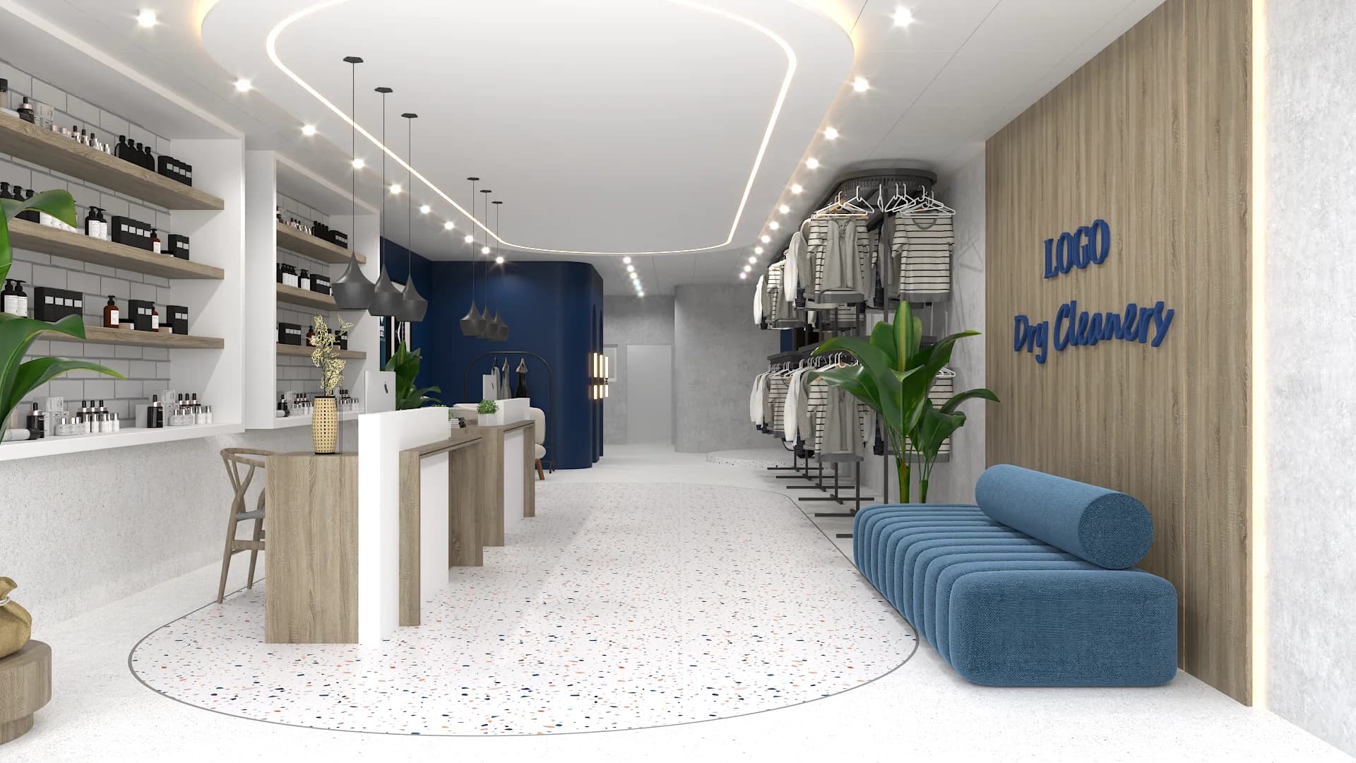 Contemporary dry cleaning shop with white terrazzo floors, oak panel wall, navy signage, and curved LED ceiling
