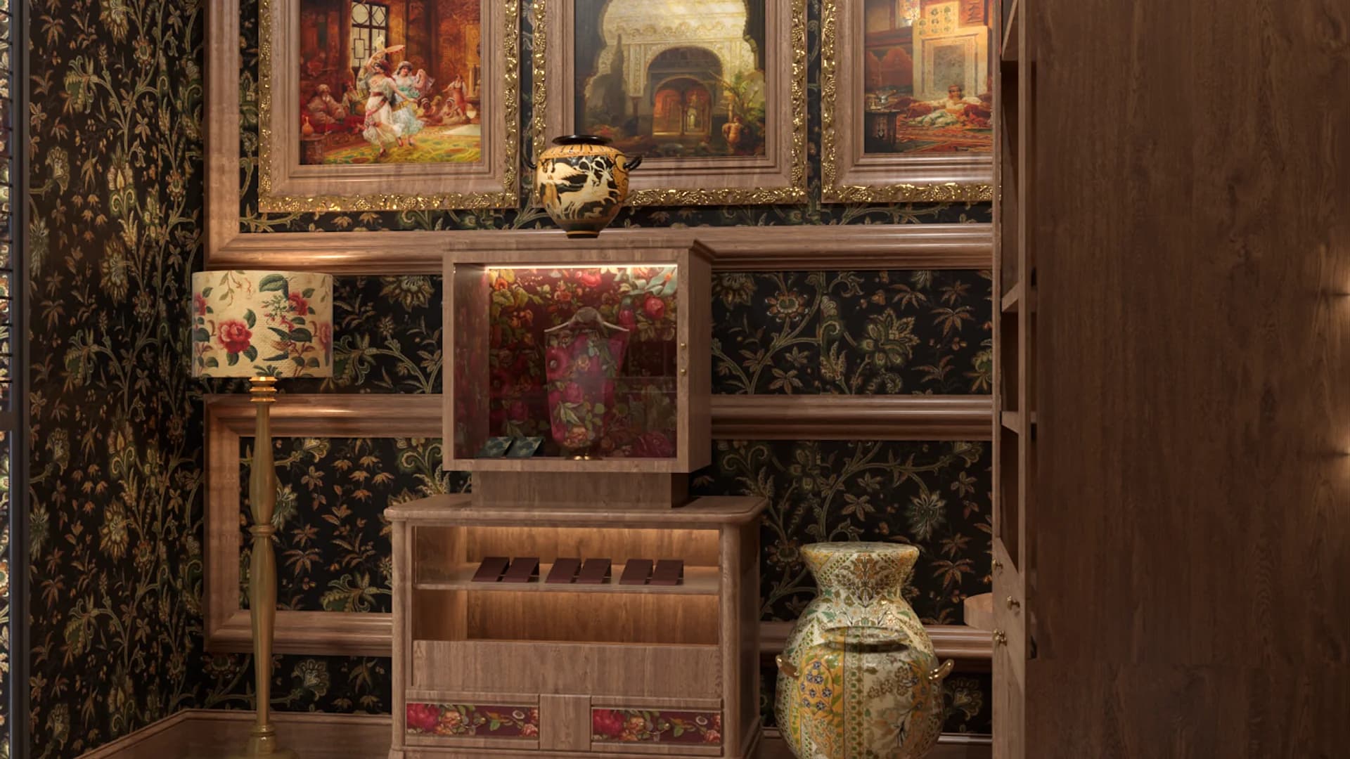 Corner display with floral wallpaper, gilded oil paintings, and ceramic vessels in curio cabinets