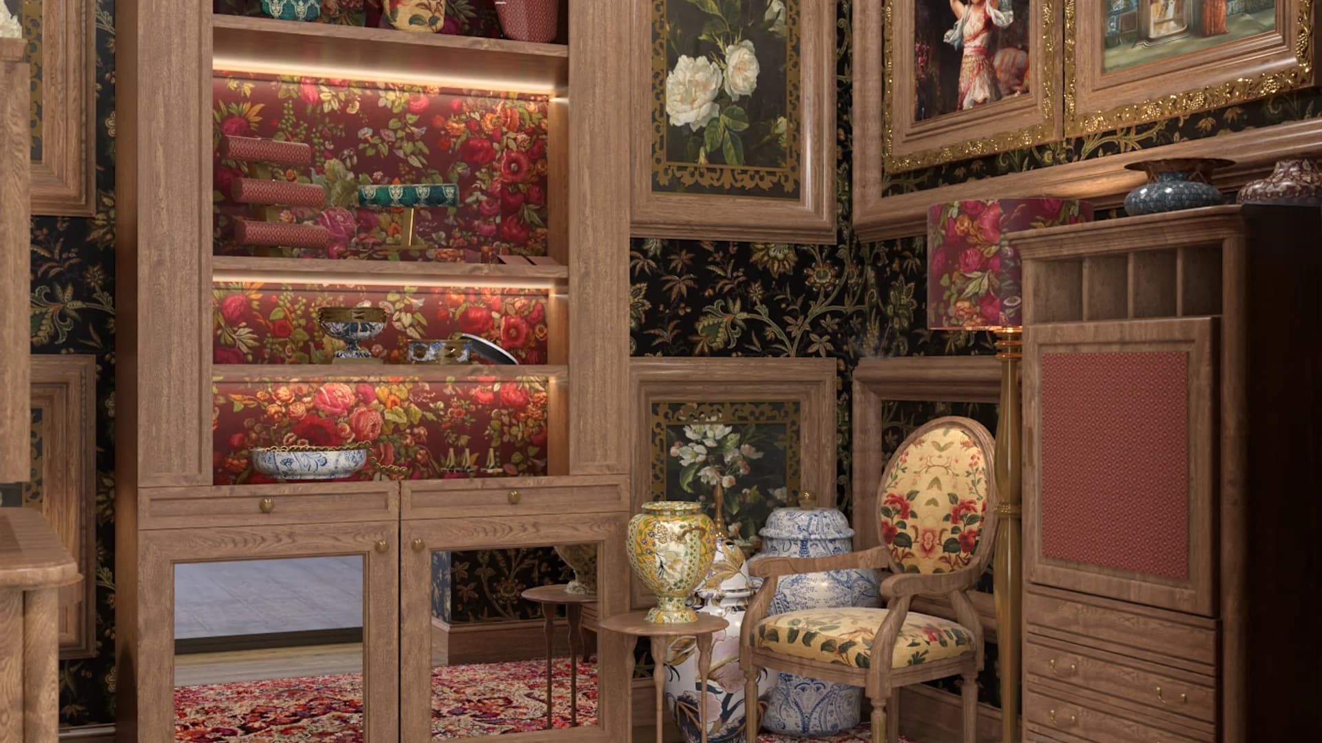 Corner display with floral wallpaper, oak cabinetry, ginger jars, and gilded oil paintings