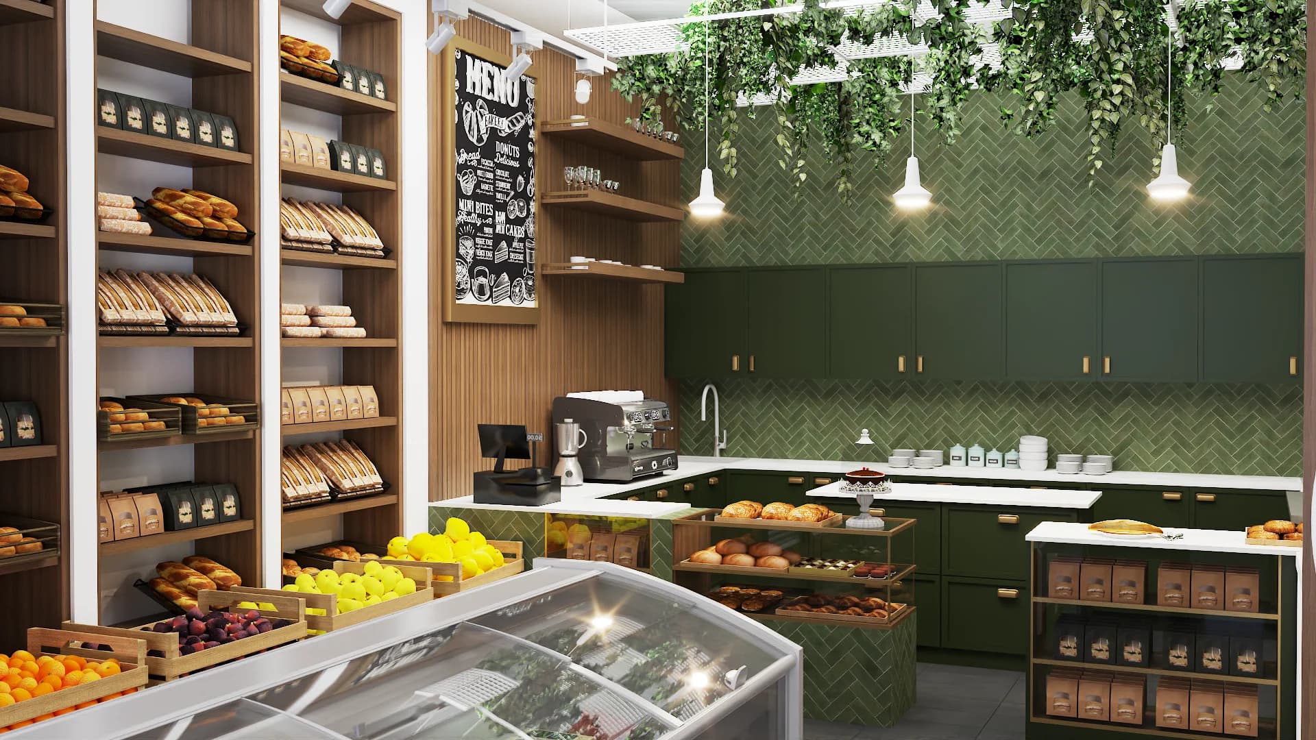 Bakery cafe with forest green herringbone tile, brass cabinet hardware, walnut slat panels, and trailing plants