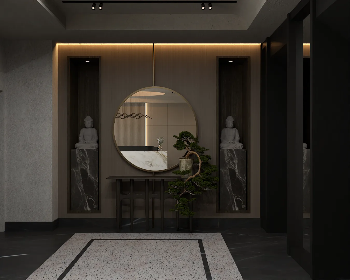 Spa lobby with round brass-frame mirror, dark console, bonsai, and Buddha statues in marble niches