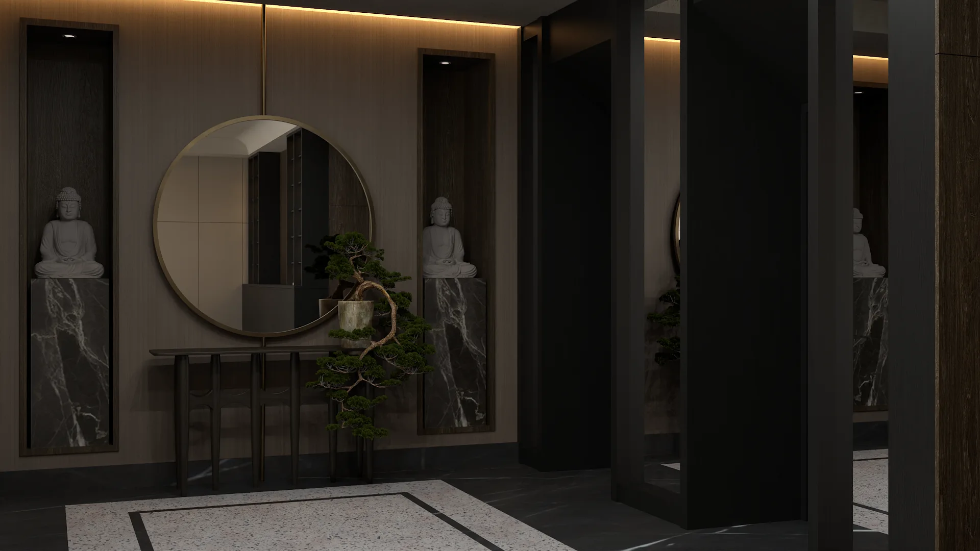 Wide spa foyer with dark structural columns, console altar with bonsai and Buddha niches, terrazzo floor