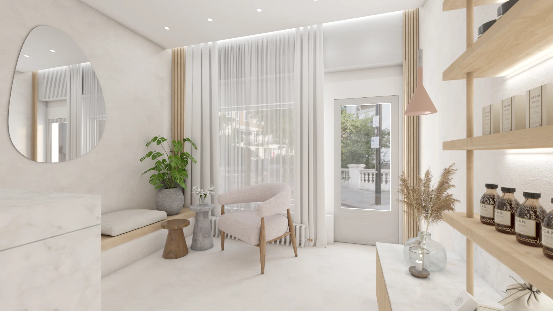 Spa reception with blonde wood slat panels, marble counter, boucle armchair, and open product shelving