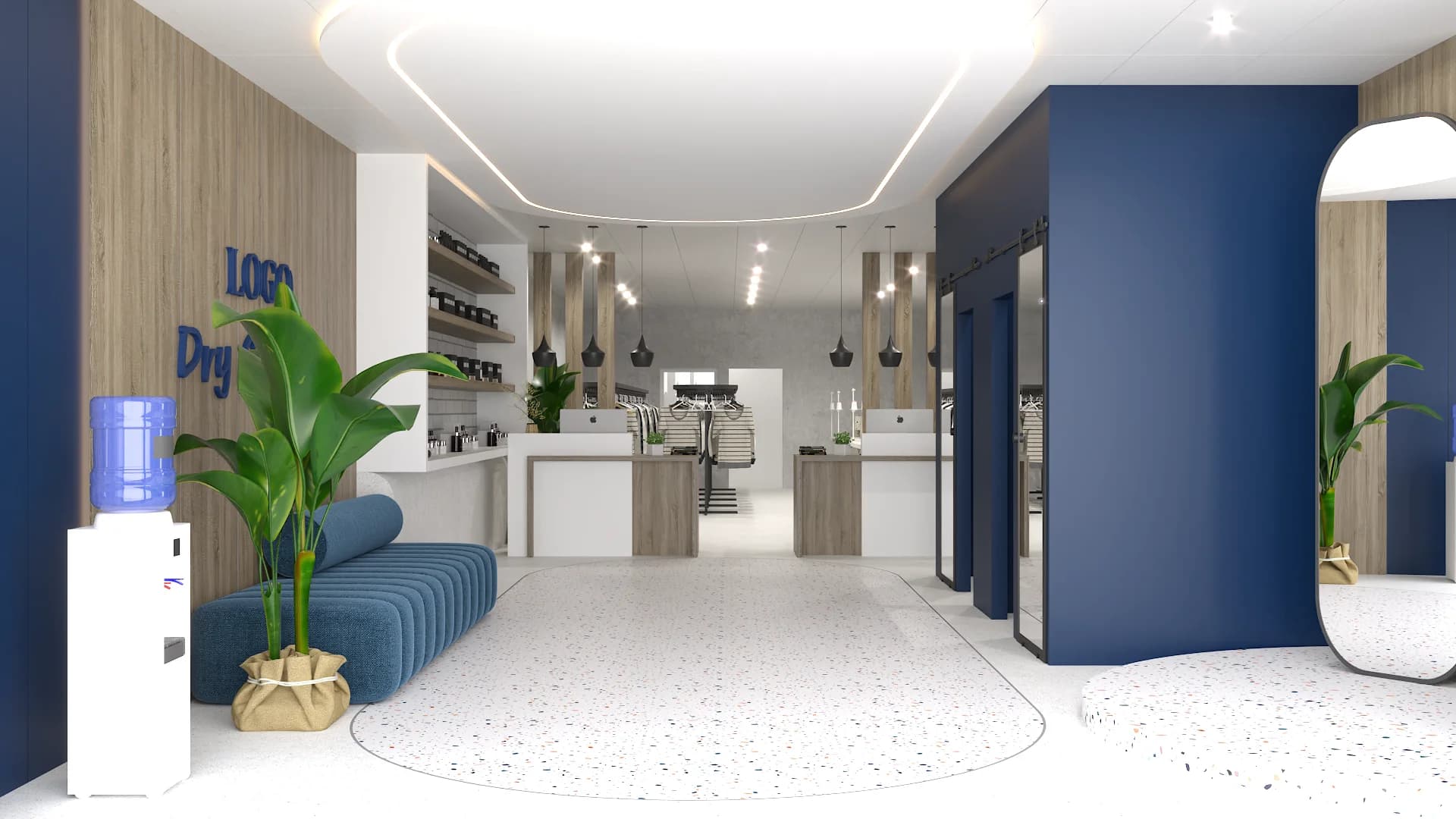 Full-length view from teal sofa lobby through to twin service counters on terrazzo floor