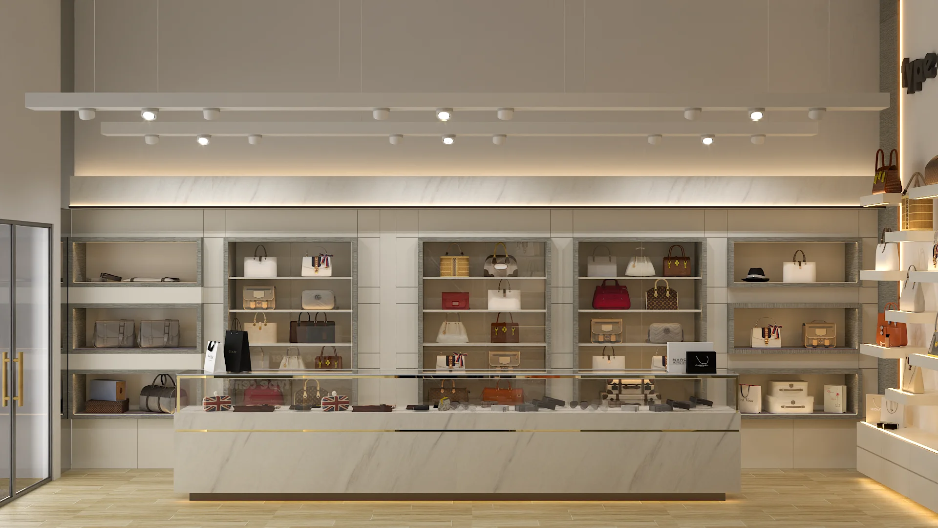 Contemporary minimalist handbag boutique with marble panel shelving, track spotlights, and glass display counter on pale oak floor