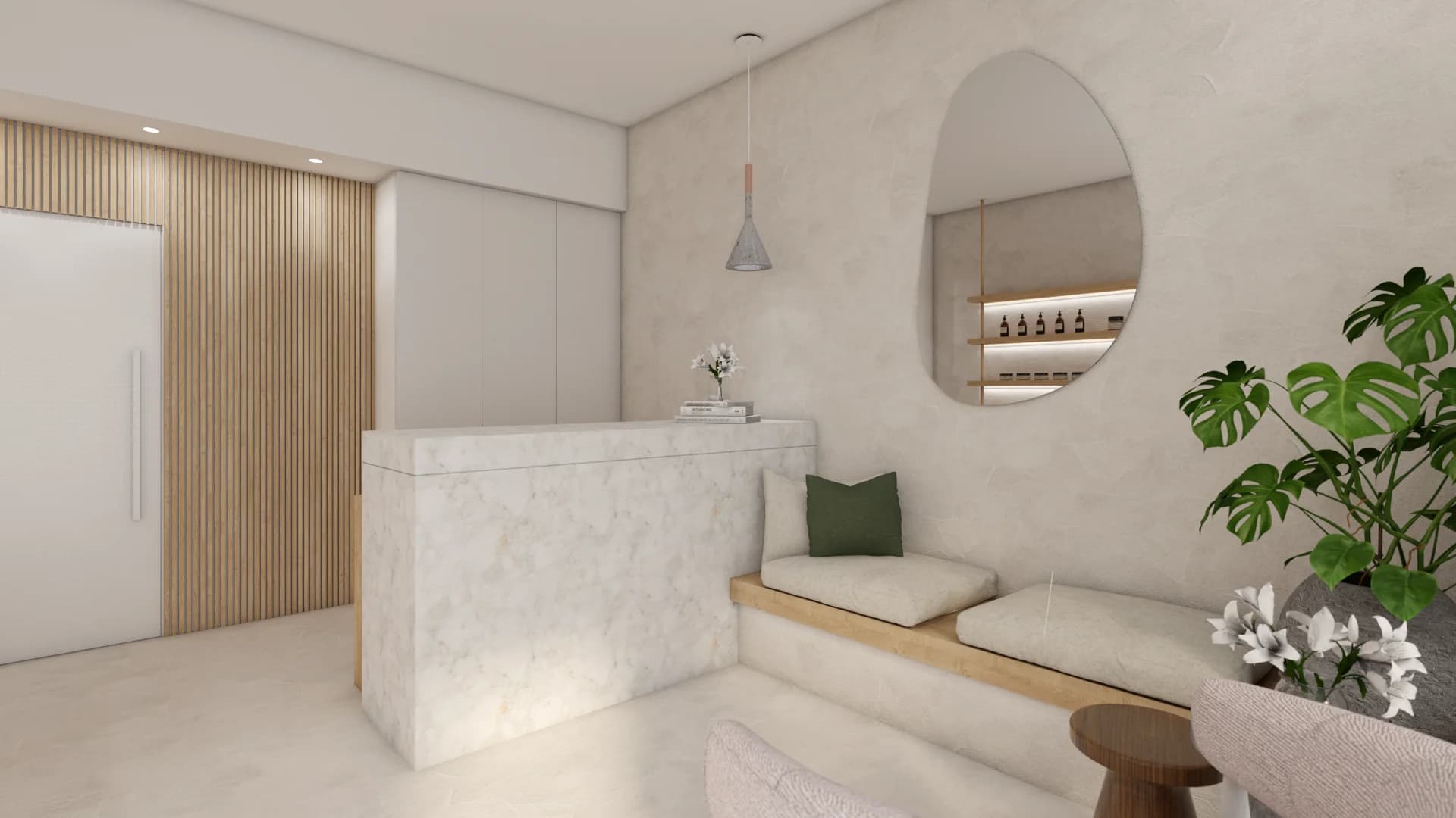 White marble reception desk with arched mirror, monstera plant, and wood slat wall panel