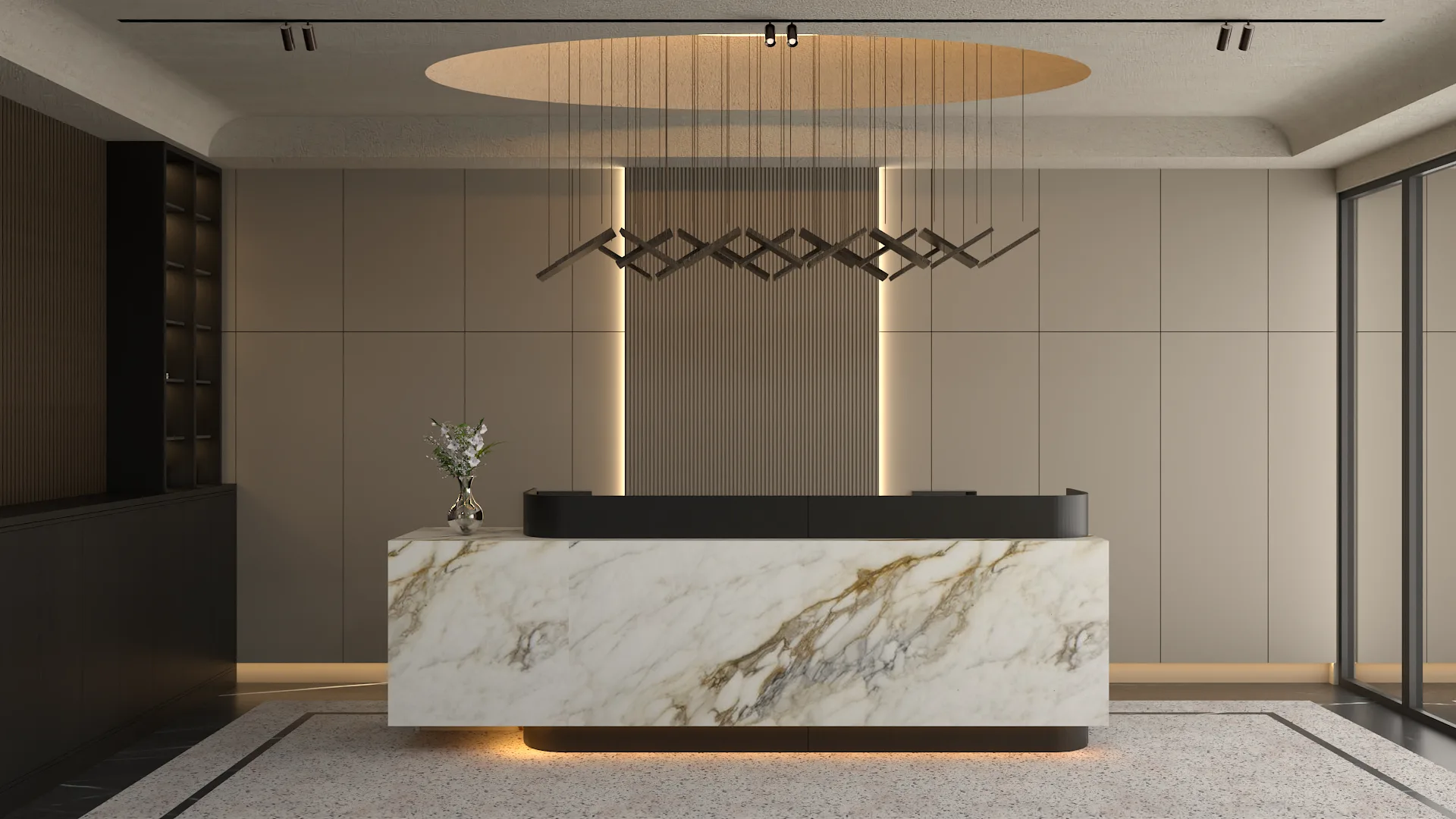 Calacatta marble L-shaped reception desk with gold veining, sculptural zigzag bronze pendant, backlit fluted wall panels and product shelving