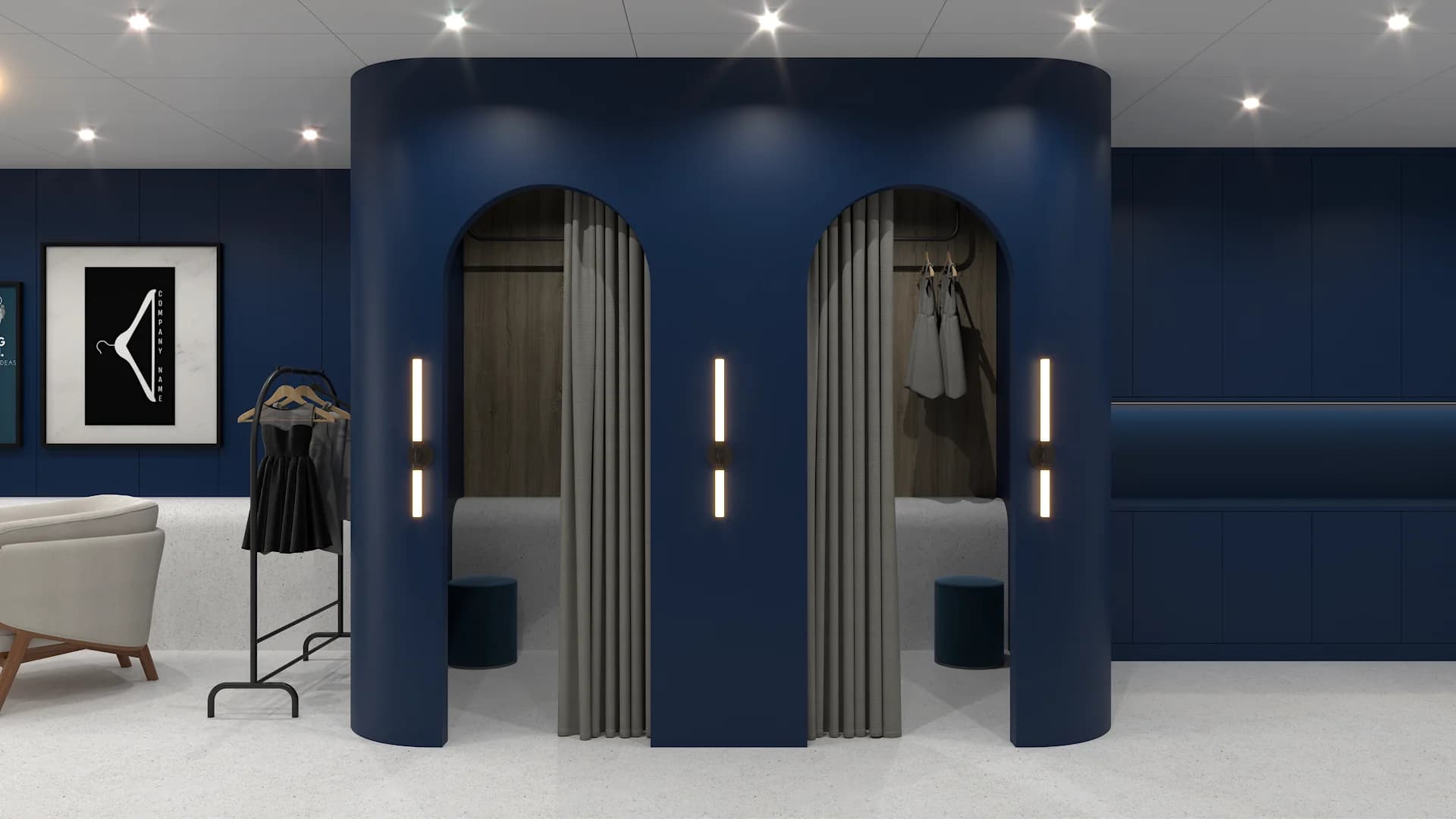 Navy blue rounded arched fitting rooms with gray curtains, LED strip lighting and navy ottomans