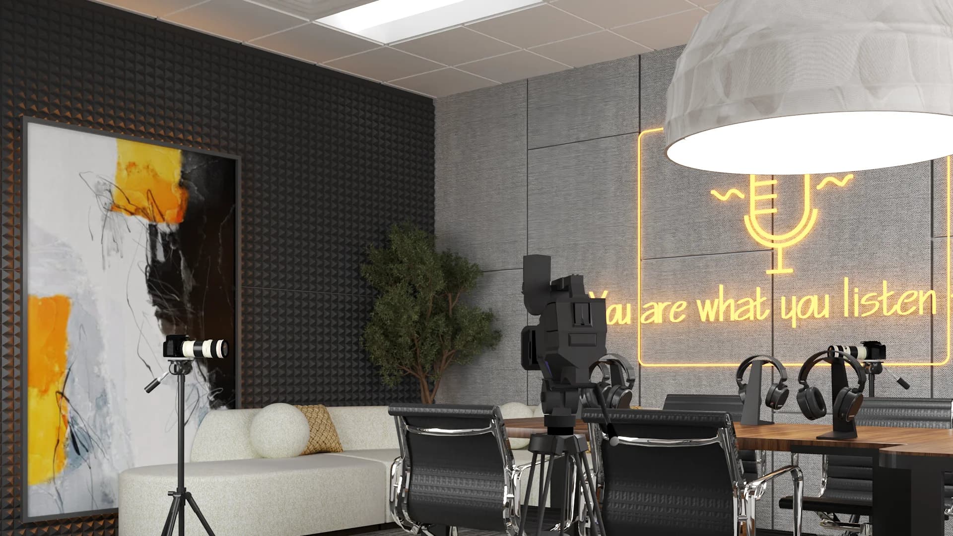 Neon microphone sign on concrete wall above walnut podcast table with headphone stands and black mesh chairs