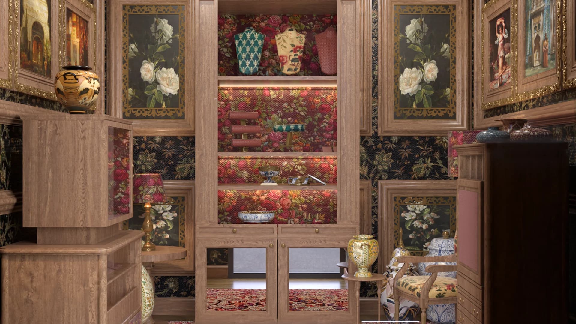 Antiques showroom with oak cabinets lined in crimson, dark floral wallpaper, chinoiserie vases, and gilded oil paintings
