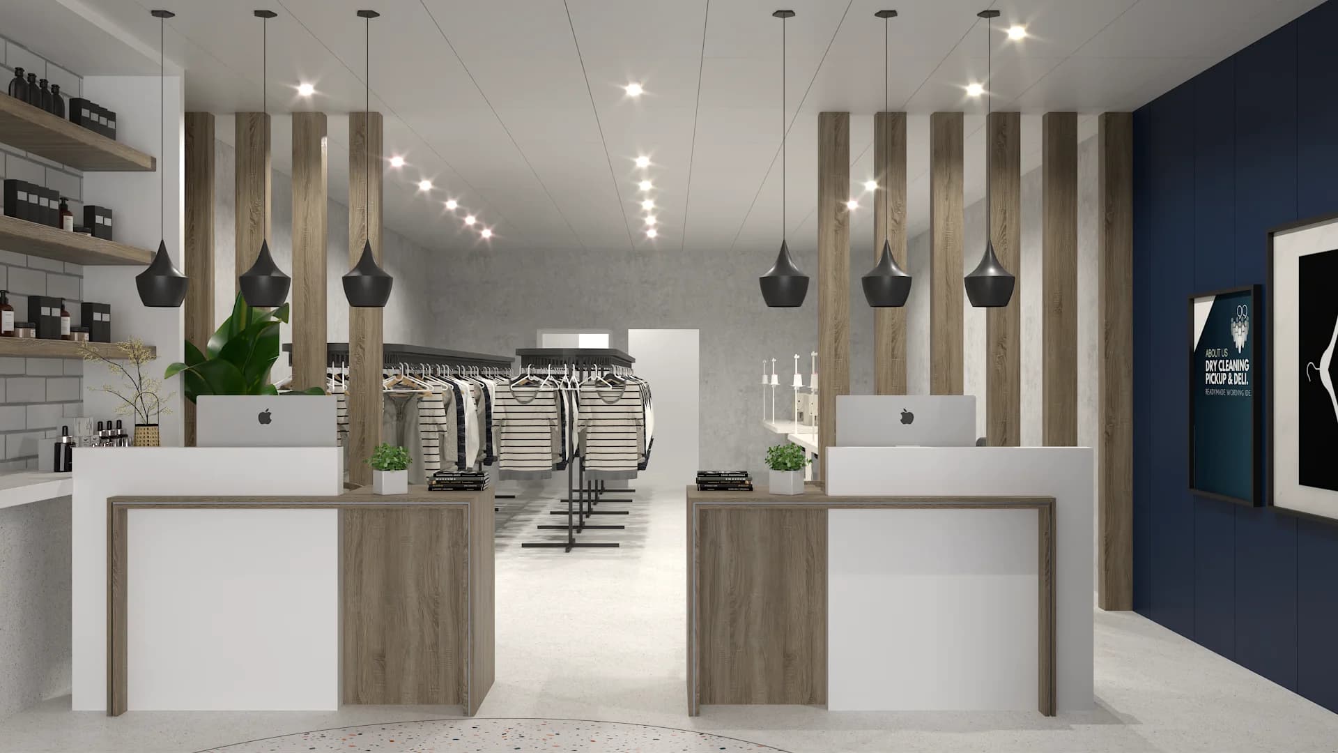 Dual oak service counters with iMacs, vertical oak slat columns, black geometric pendant lights