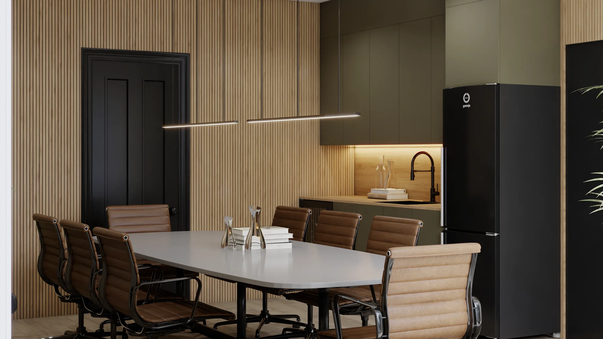 Conference room with oak vertical slat walls, olive green upper cabinets, concrete oval table, tan leather task chairs, and a linear black pendant light. Design by Debora, an online interior design service.