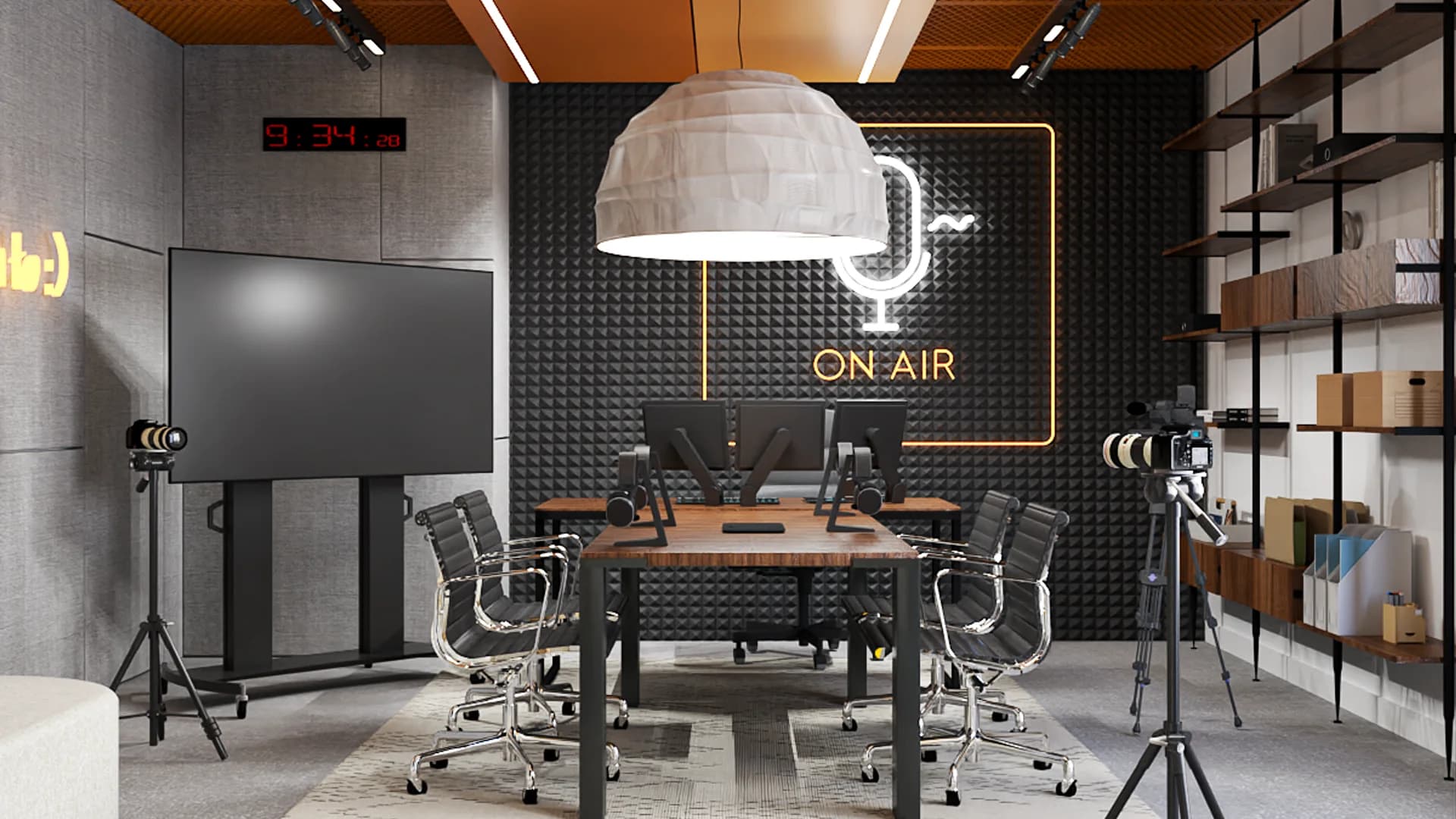 Podcast studio with ON AIR neon sign, walnut table, dome pendant light