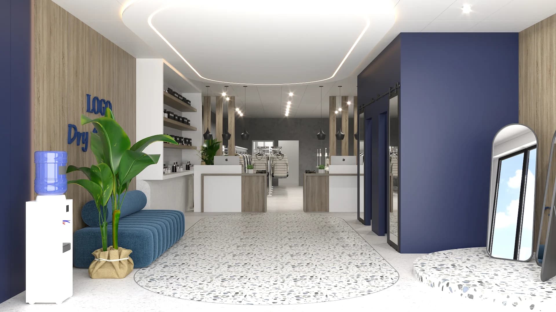 Wide open-plan view from reception across terrazzo floor to service counters and garment racks