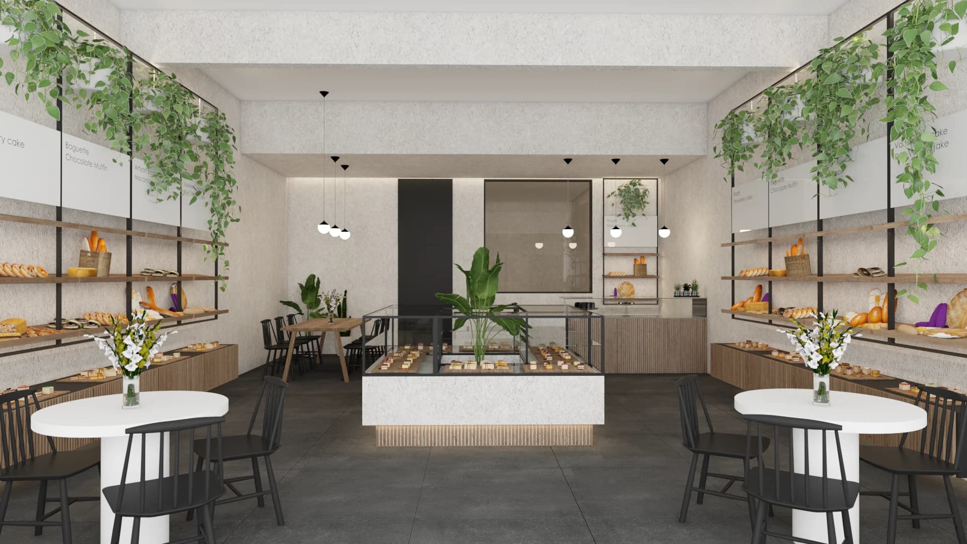 Organic modern bakery cafe with trailing plants, fluted oak display counter, and black metal wall shelving
