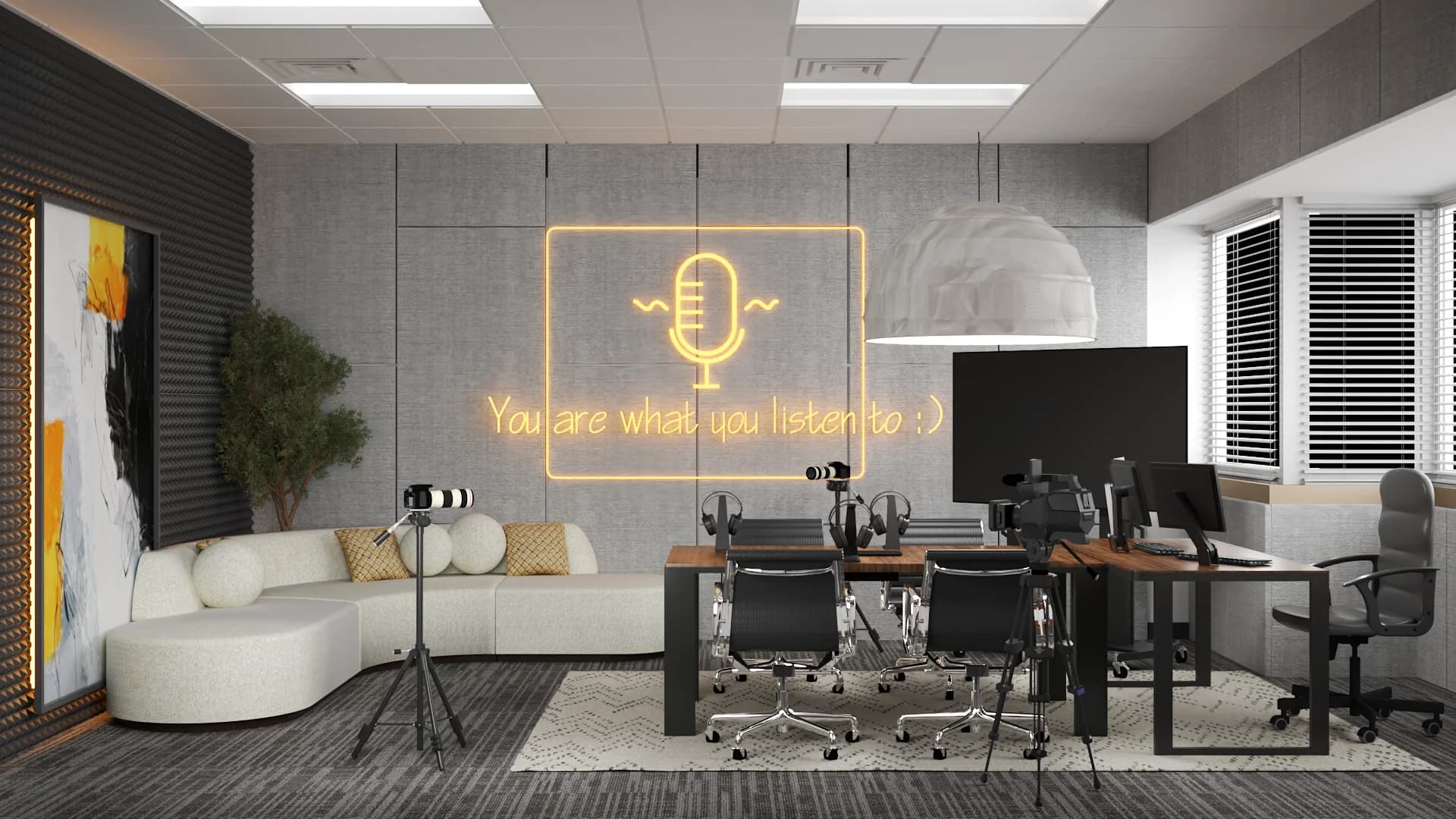 Podcast studio with cream sofa lounge zone and walnut recording desk, neon quote wall