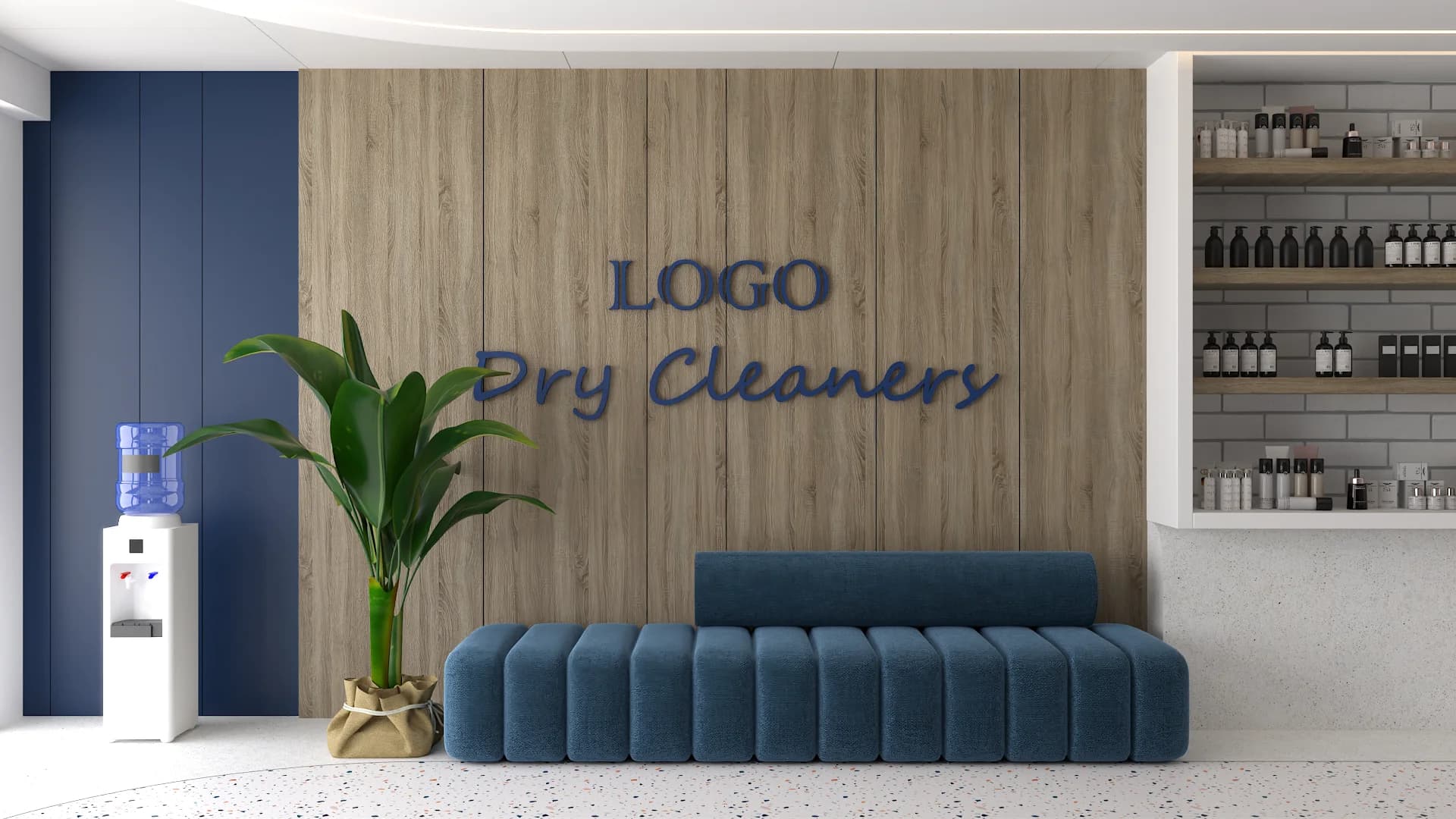 Oak desk station with crossback chair beside product shelves, teal sofa edge, subway tile backdrop