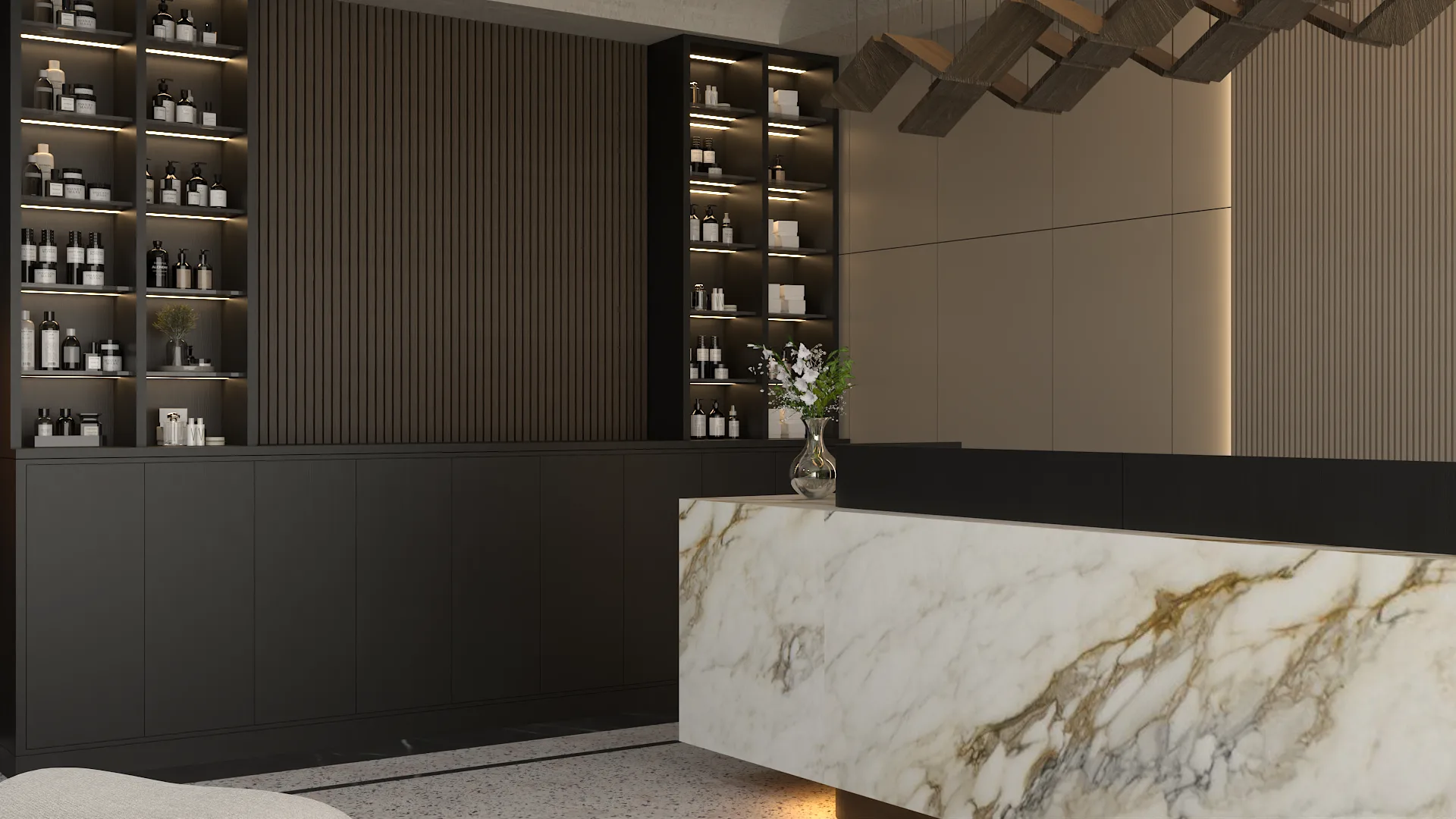 Side angle of spa reception showing product shelving towers, fluted panels, and marble counter edge