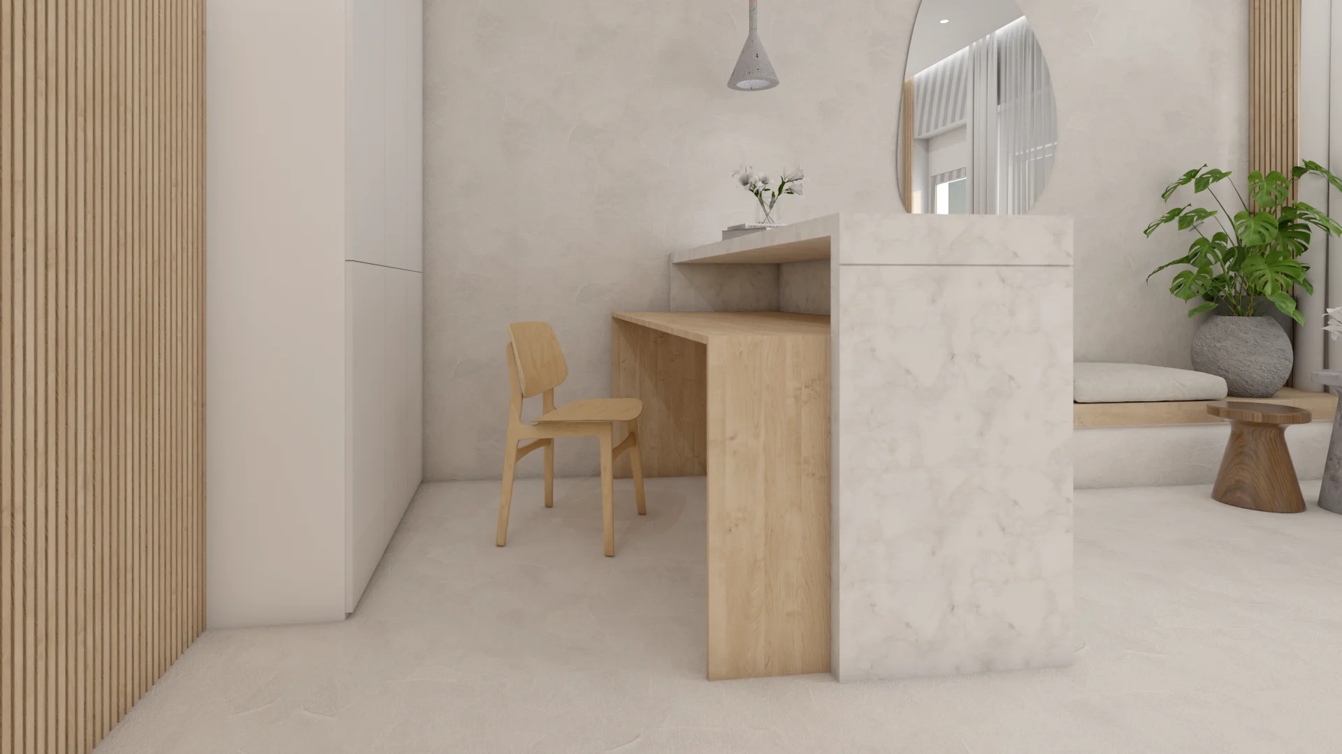 Reception desk with natural wood paneling, marble surround, and pendant light fixture