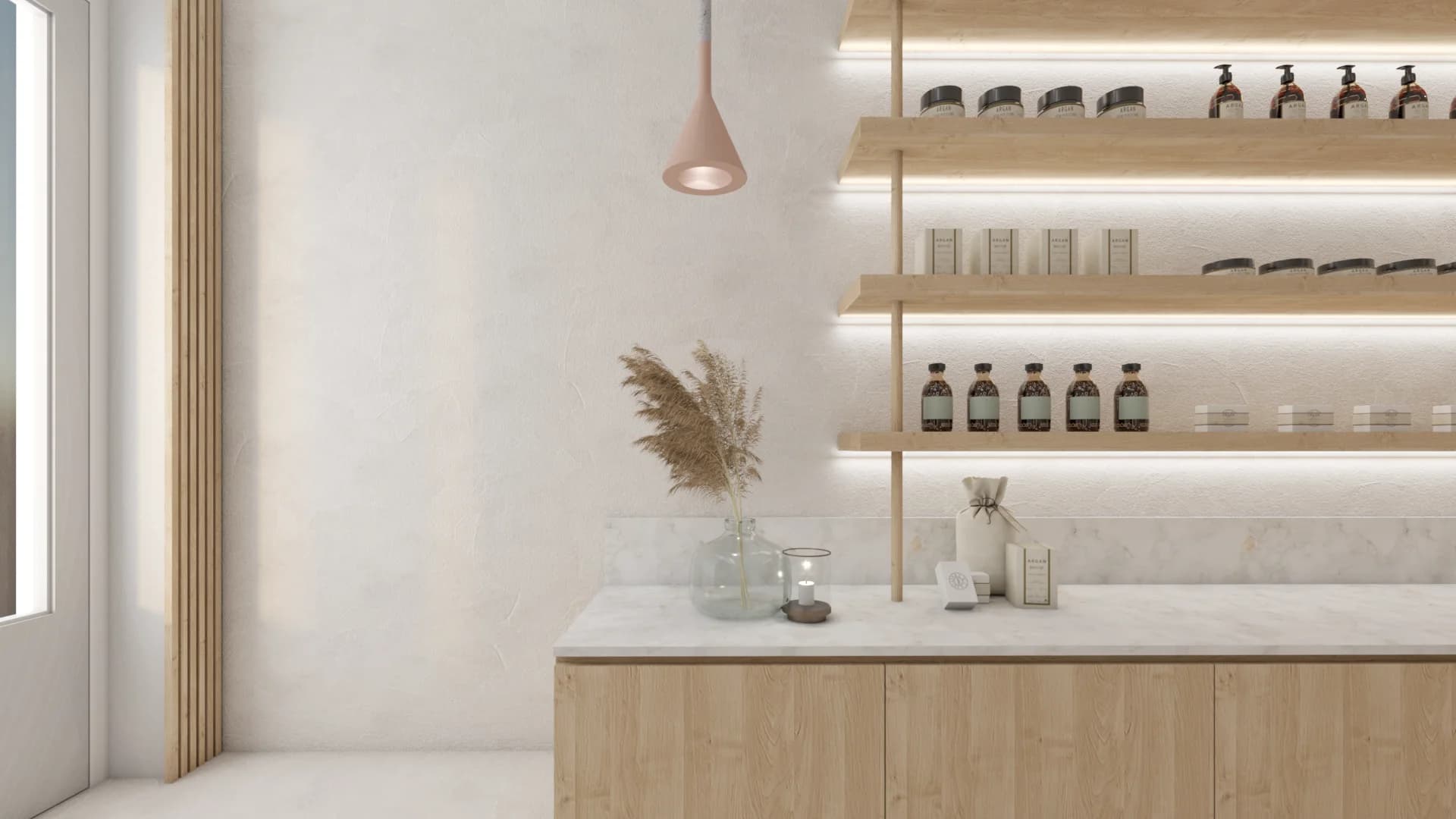 Retail counter with marble top, wood shelving, LED strip lighting, and product display