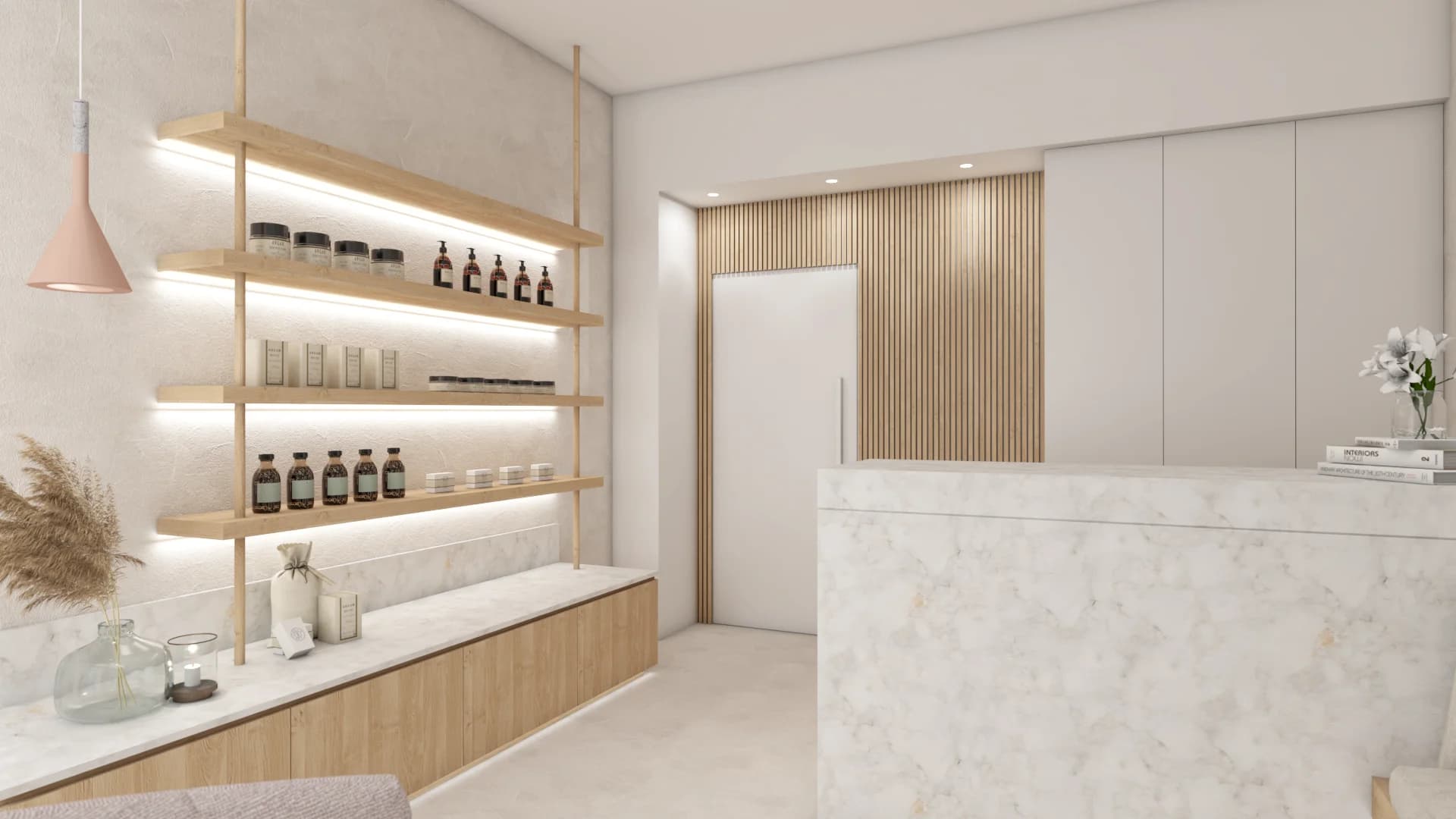 Spa reception desk in white marble with backlit oak shelves displaying product bottles