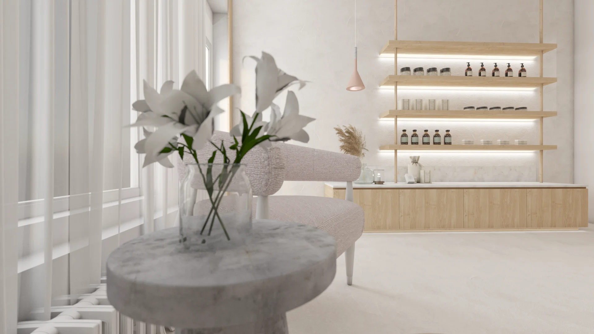 Spa retail reception with marble side table, white lily arrangement, and backlit wood shelving