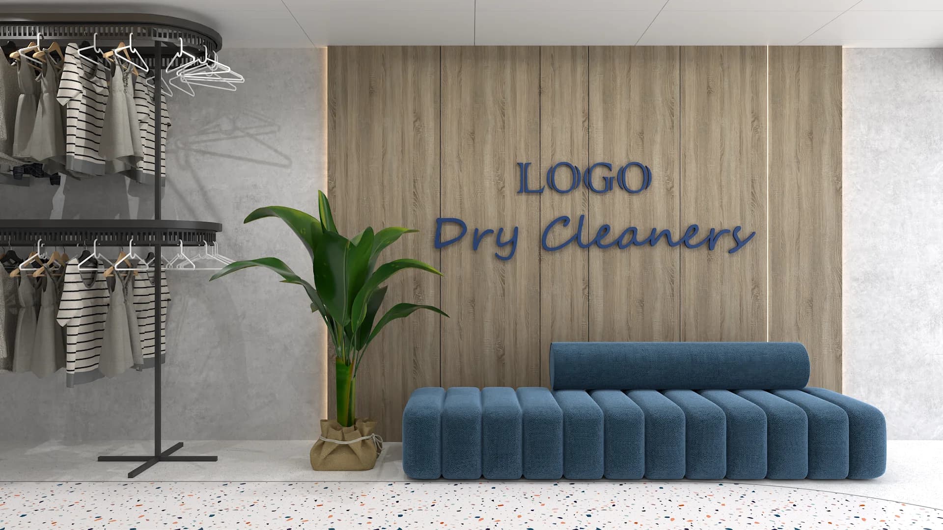 Channel-tufted teal sofa against oak panel feature wall with circular clothing rack