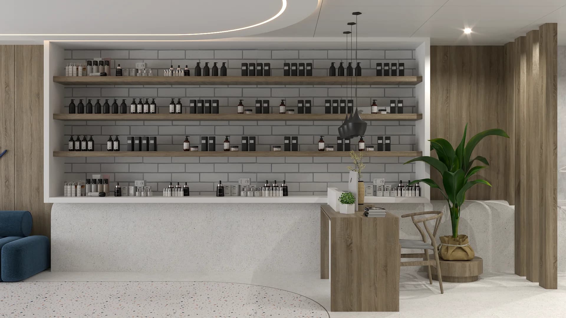 Teal channel-tufted sofa beneath oak plank wall, water cooler and tropical plant beside product shelves