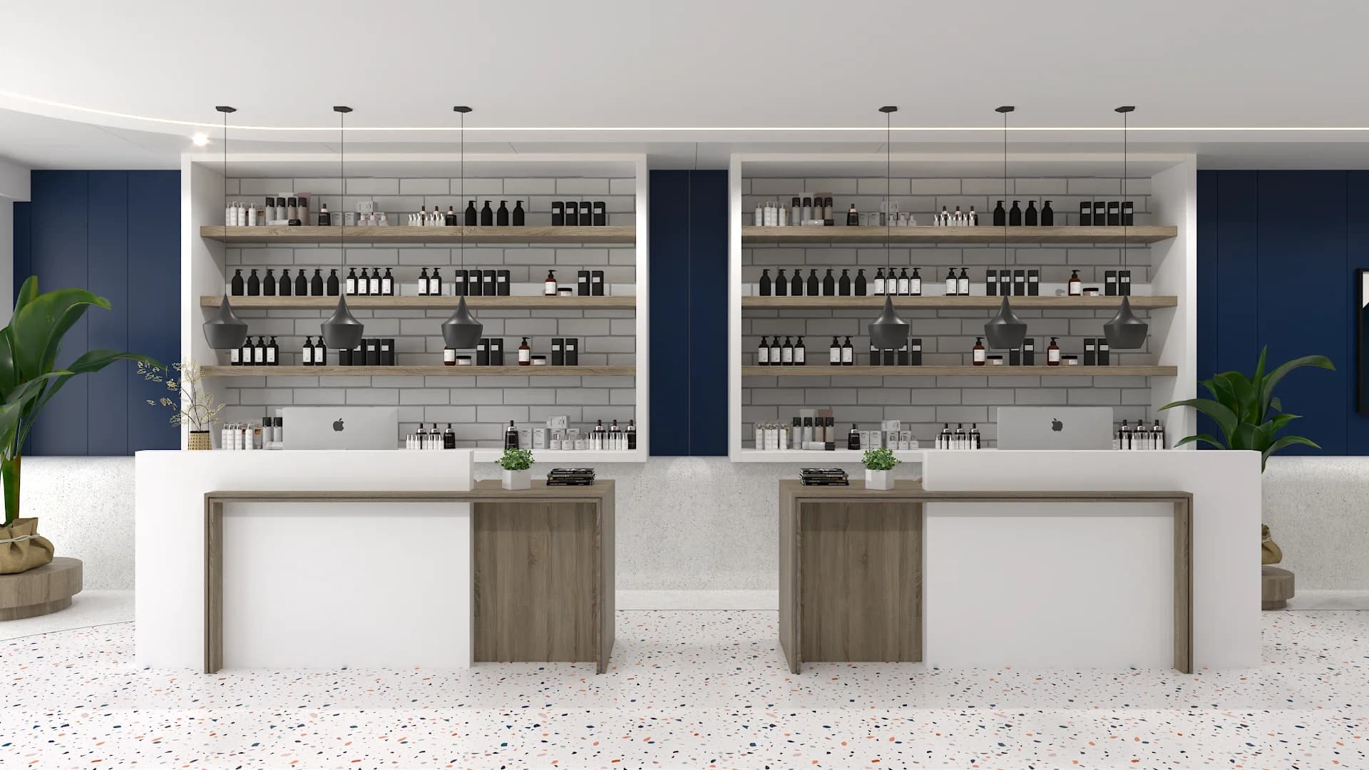 Twin white oak service counters with subway tile backsplash and floating product shelves