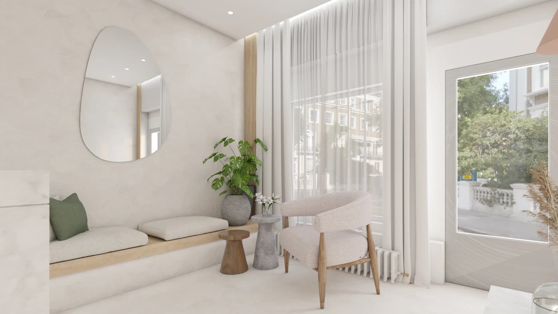 White commercial waiting area with oval mirror, built-in bench, linen armchair, and floor-to-ceiling sheer curtains