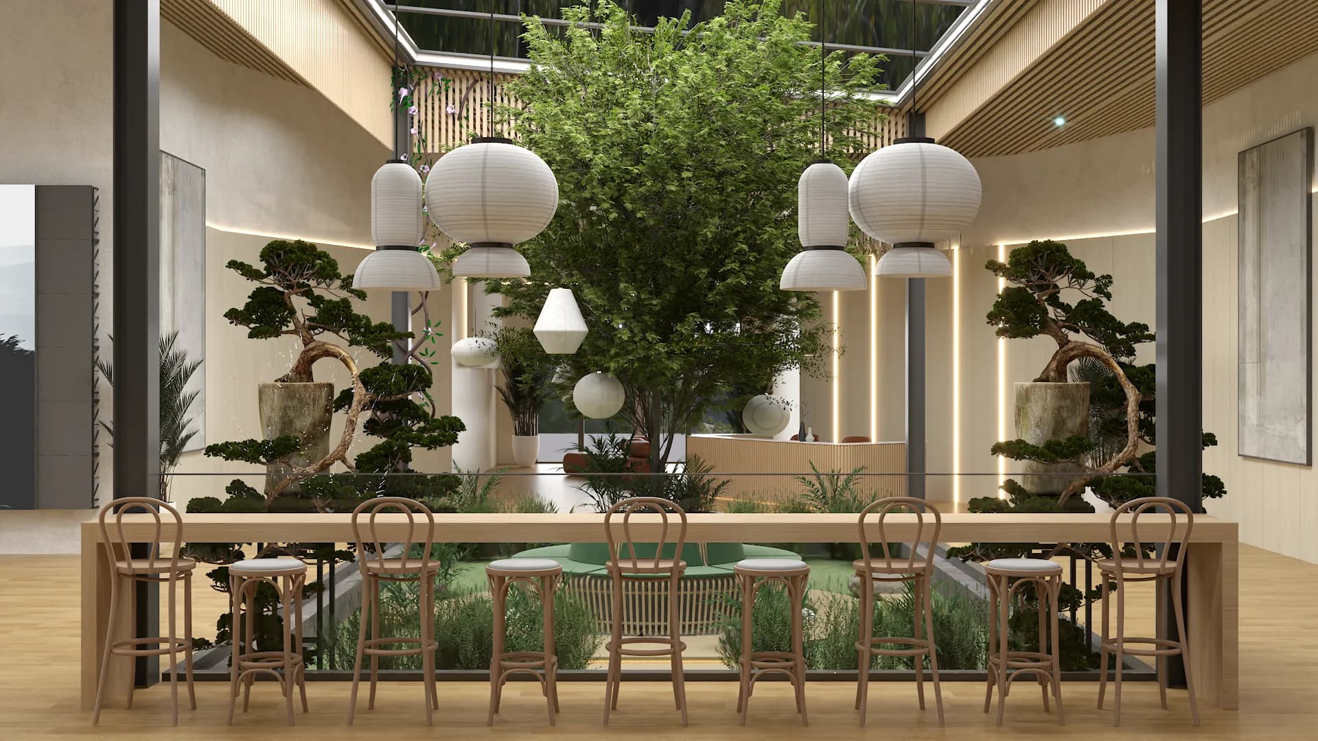 Atrium communal bar counter with bentwood stools, paper globe pendants, and flanking bonsai trees