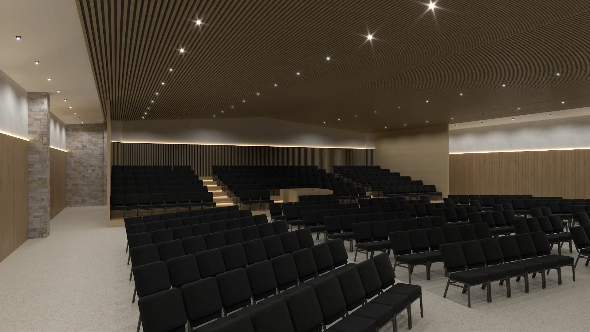 Tiered black chair seating rows inside corporate auditorium with warm oak panel walls