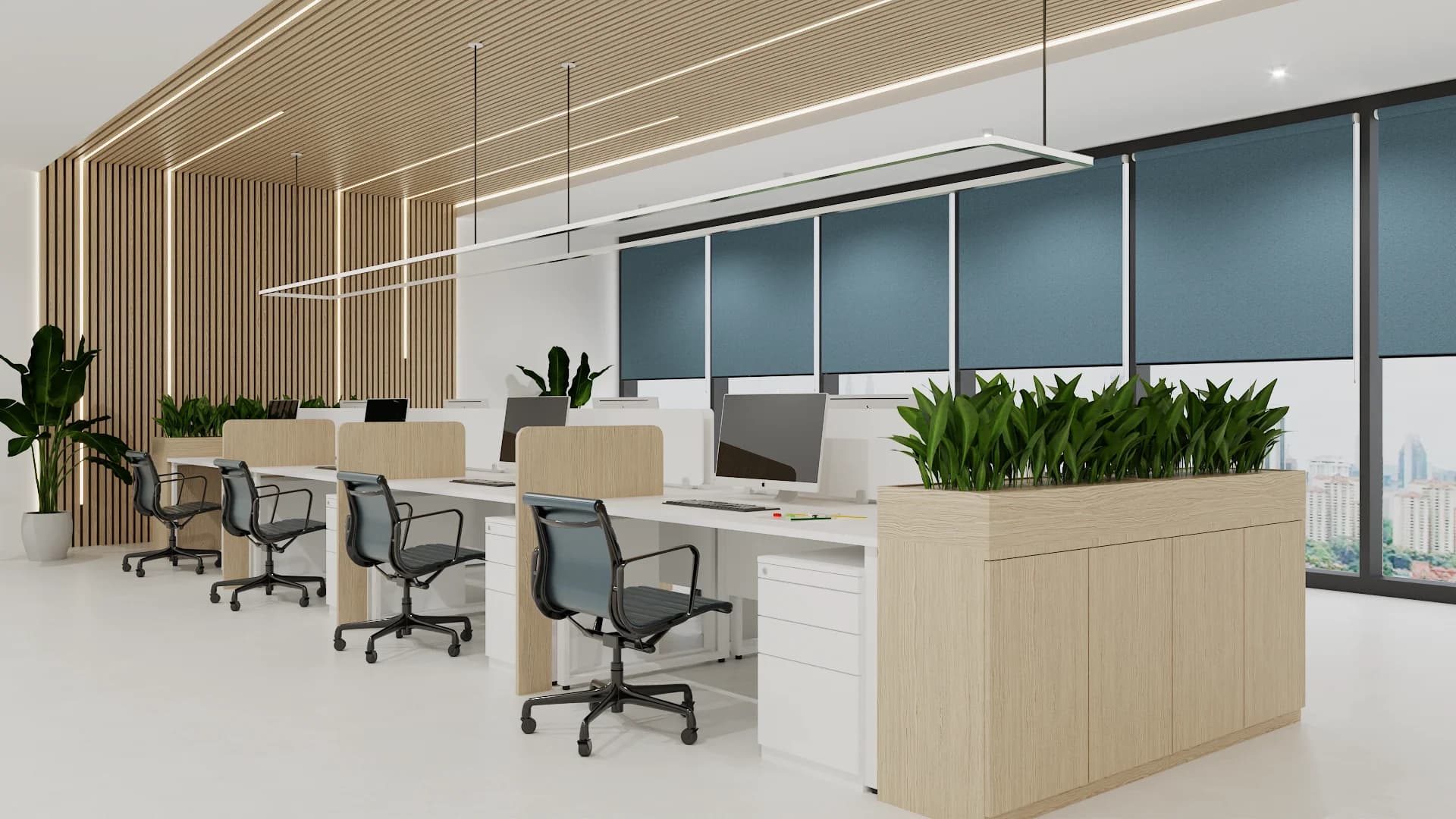 Open-plan corporate office with oak slat wall, teal roller shades, mesh task chairs, and planter dividers