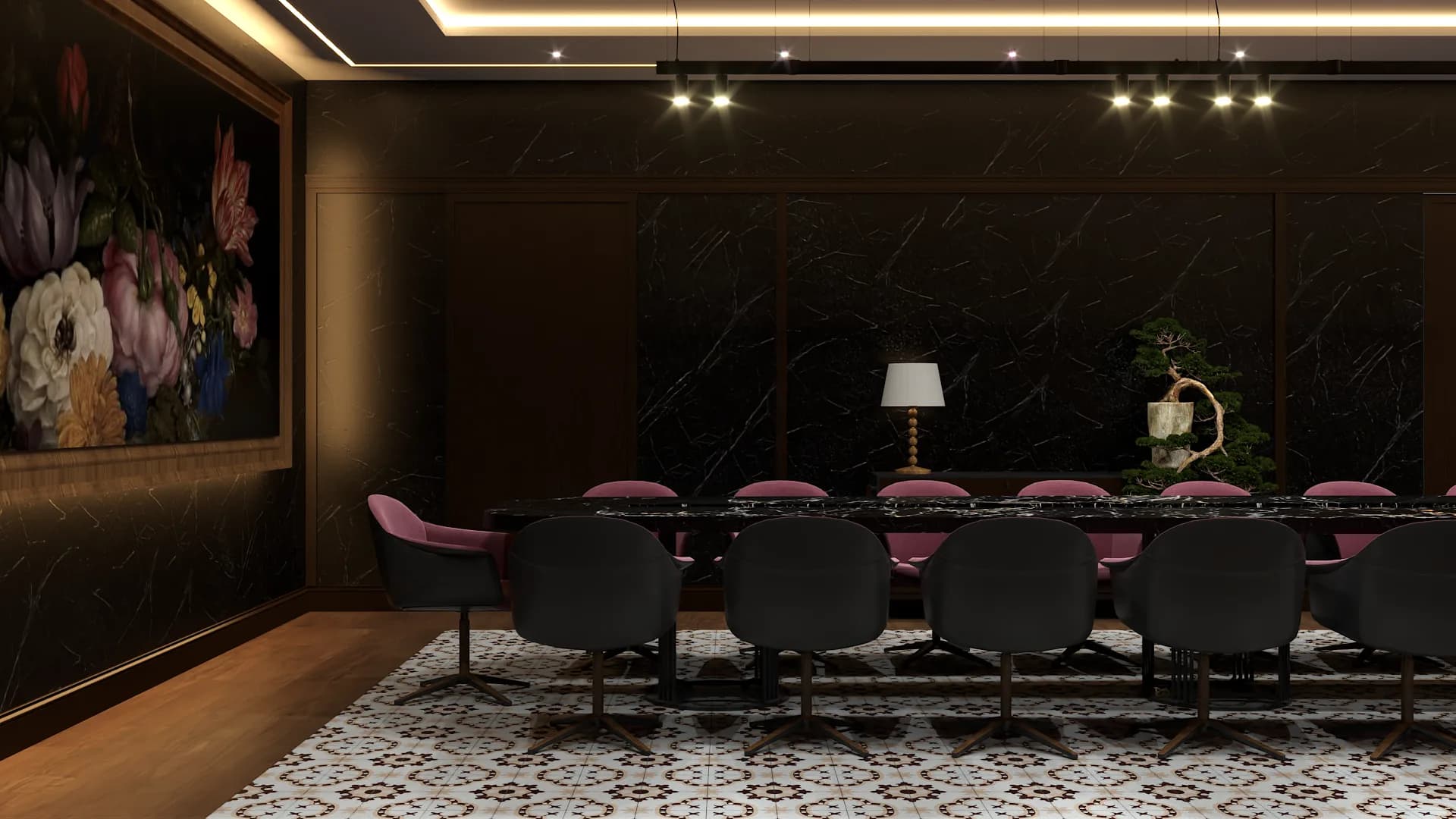 Corporate boardroom with black marble table, rose velvet chairs, patterned tile floor