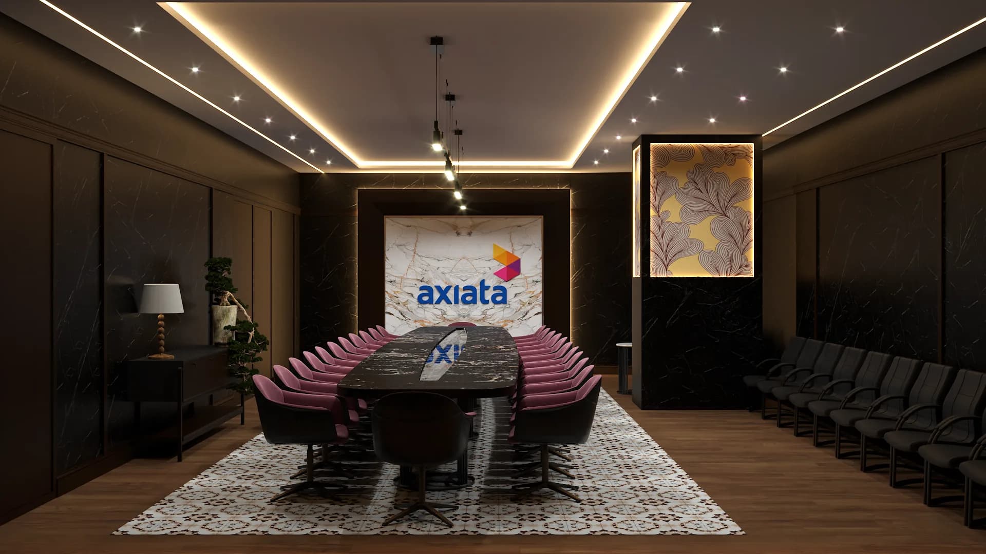 Corporate boardroom with dark paneled walls, LED coffered ceiling, rose velvet chairs, and branded logo wall