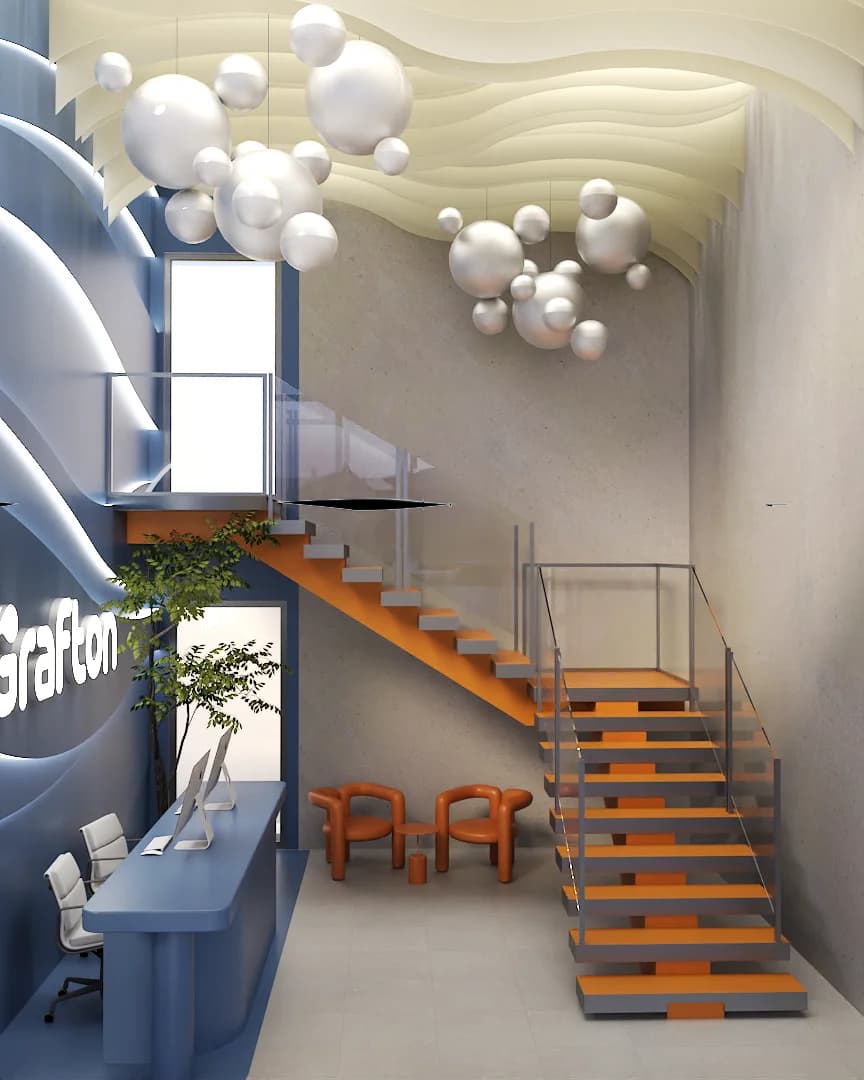 Bubble cluster cloud chandelier hanging from textured ceiling beside the mezzanine balcony.