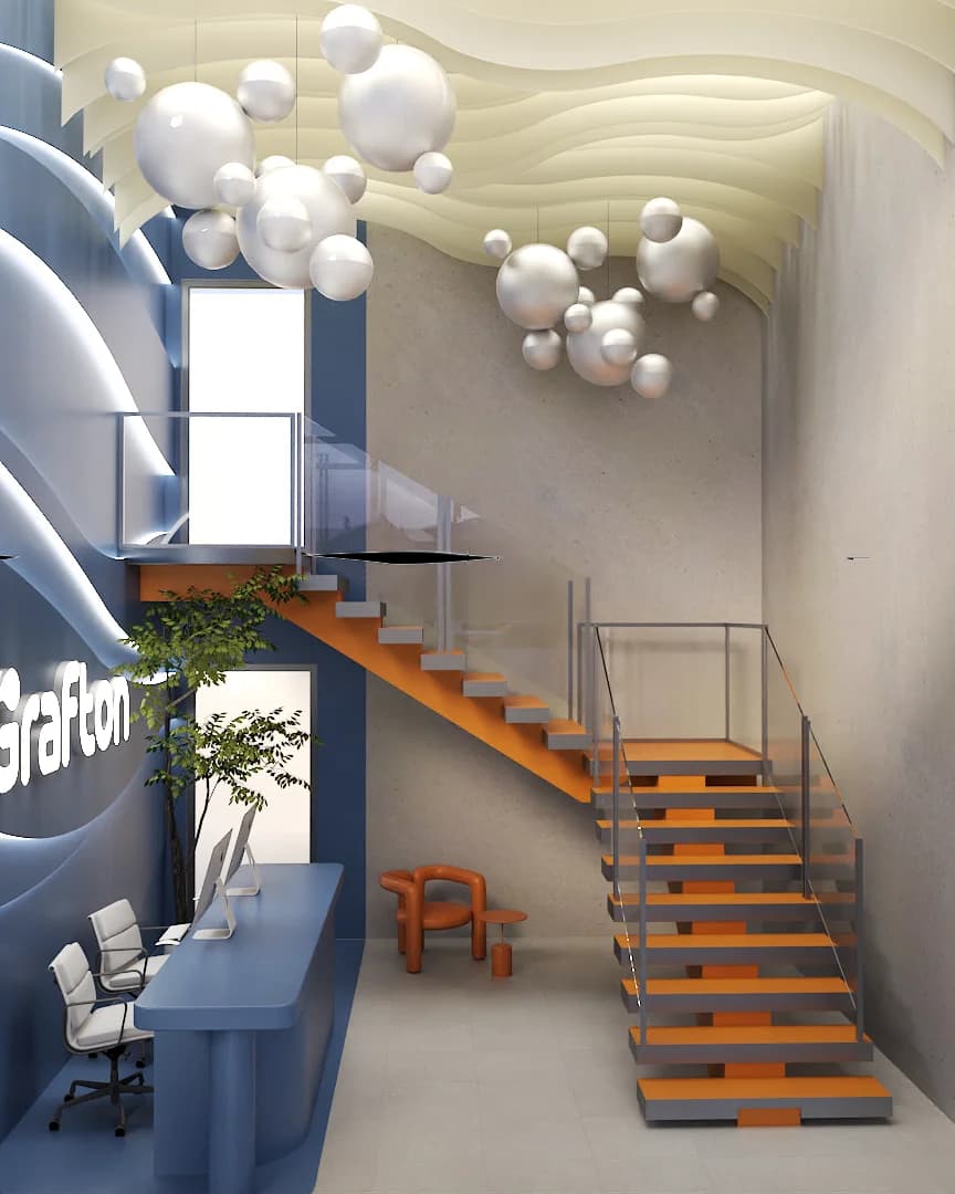 Bubble cluster cloud chandelier above the orange-accented floating staircase and mezzanine.