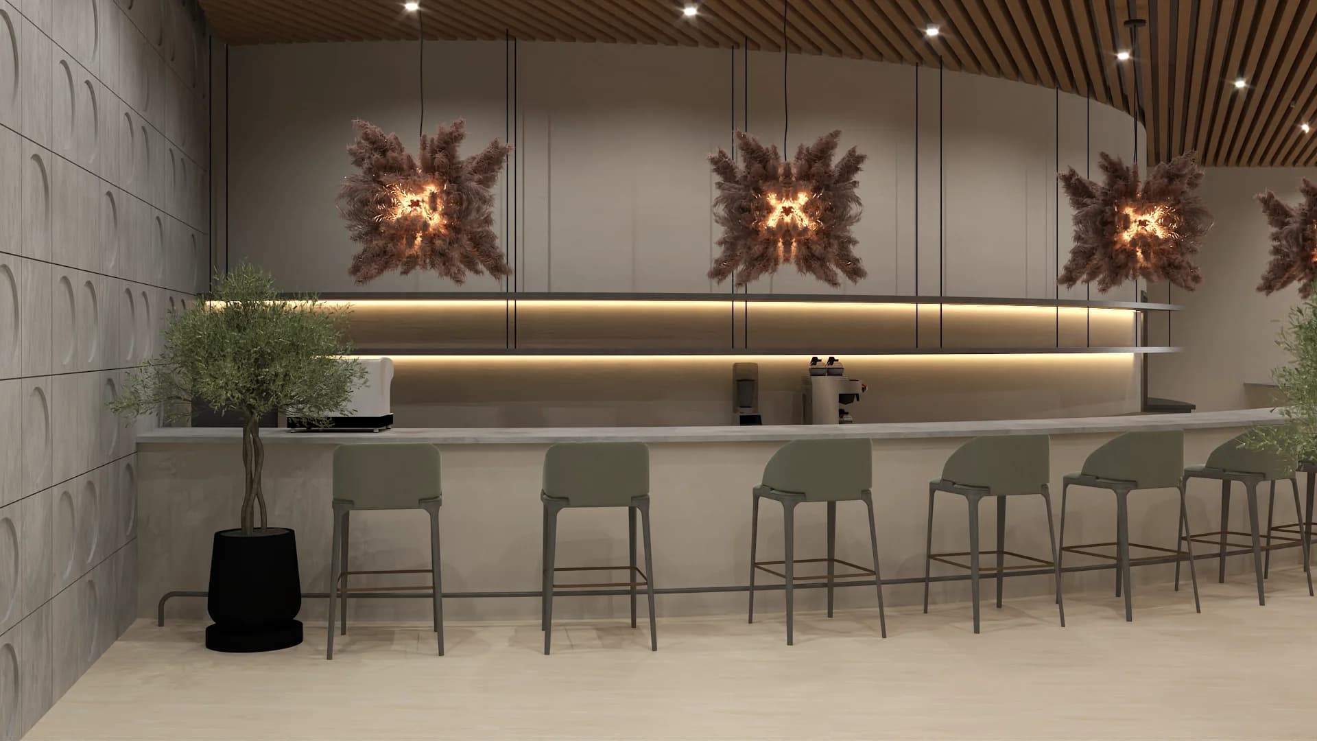 Curved coffee bar with sage green stools and sputnik dried floral pendant clusters above.