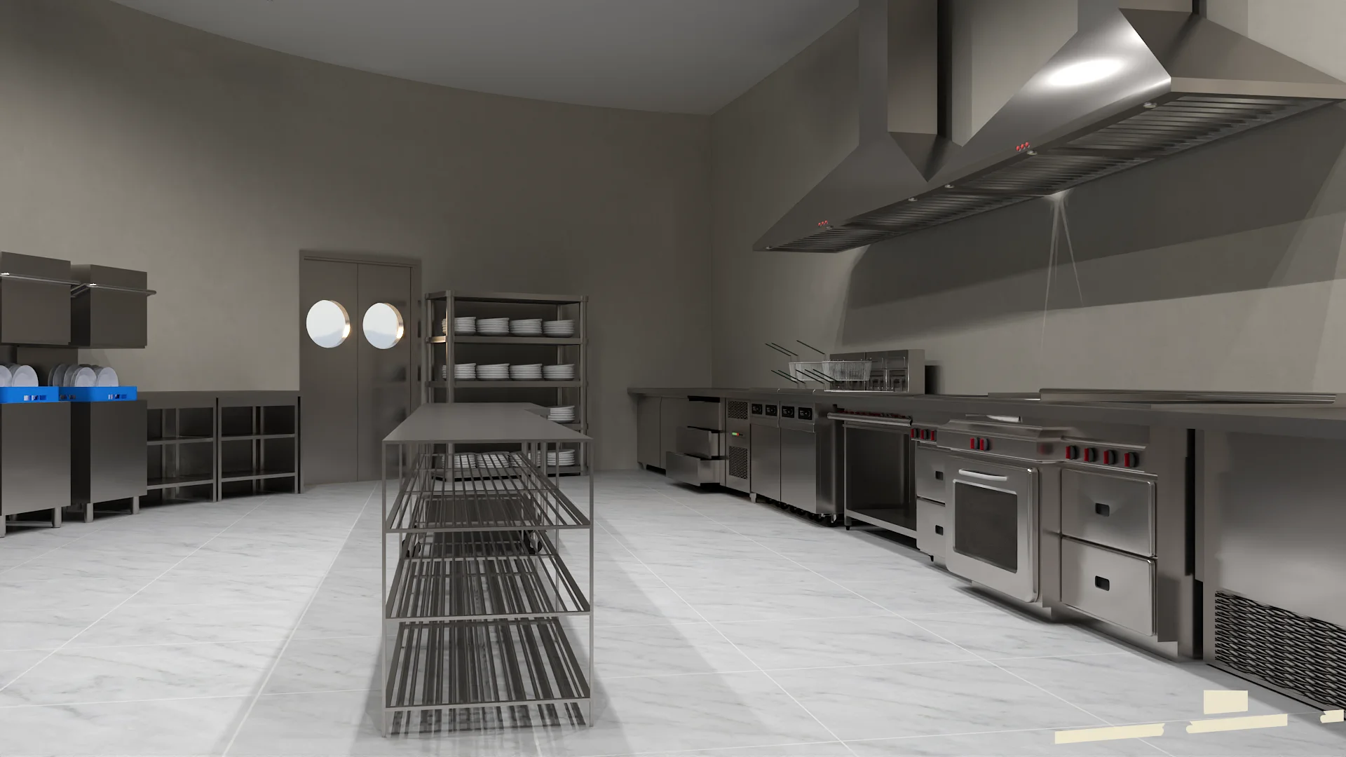 Stainless steel commercial back-of-house prep kitchen with hooded ranges and shelving.