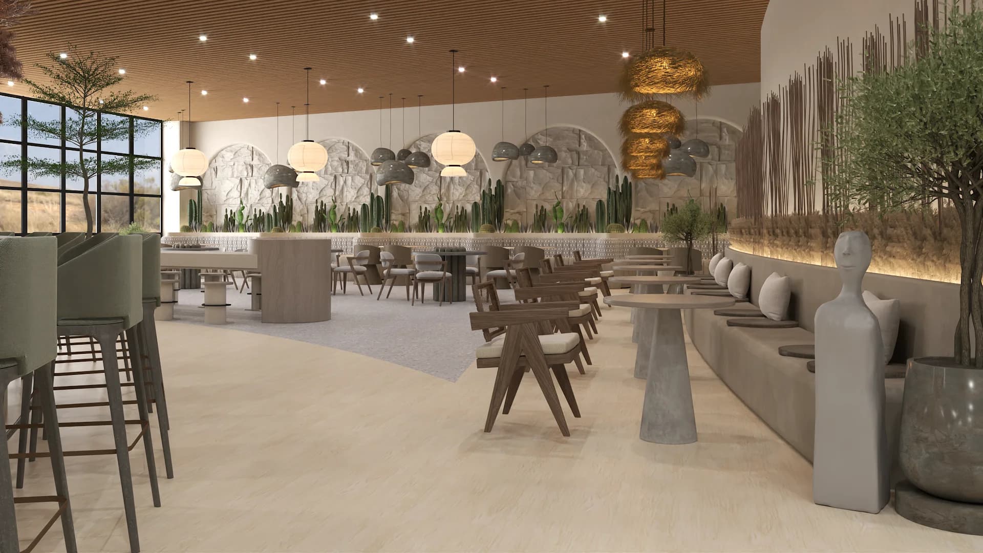 Wide overview of corporate cafeteria with banquette dining, paper lanterns, and coffee bar zones.