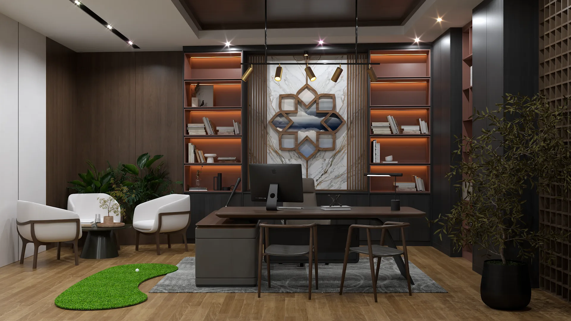 CEO office with dark wood shelves, marble centerpiece art, and putting green