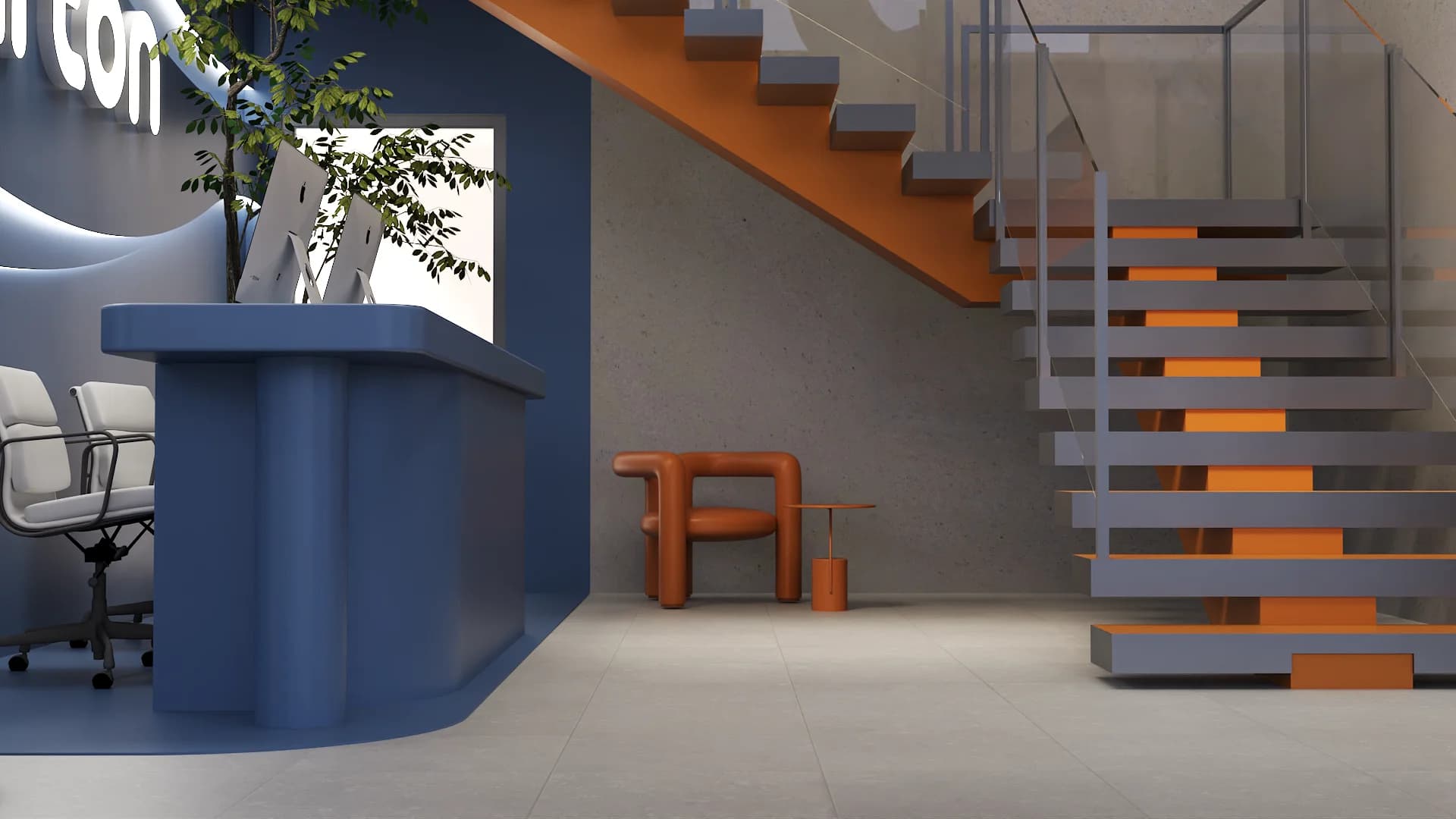 Cobalt blue reception desk with backlit signage and a sculptural orange ribbon chair.