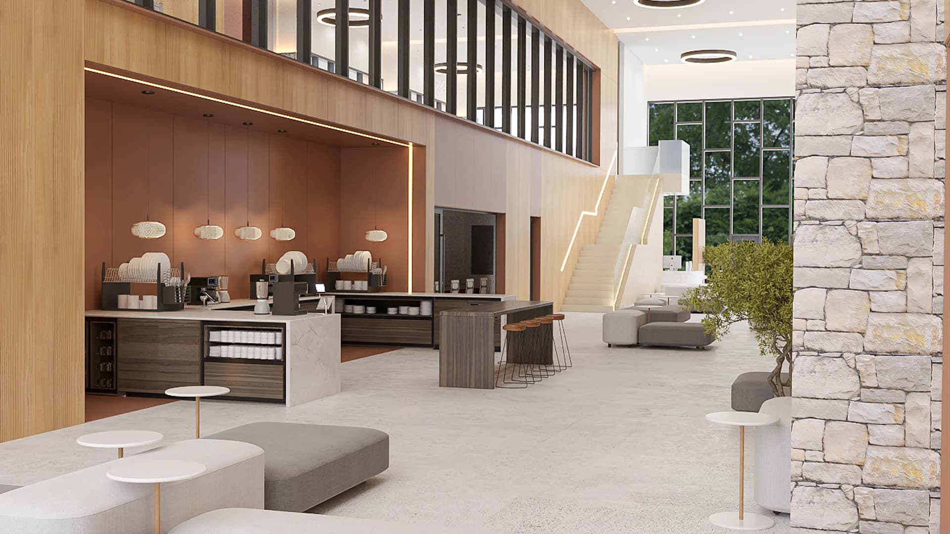 Corporate lobby cafe with wood-paneled coffee bar, stone column, and gray modular seating